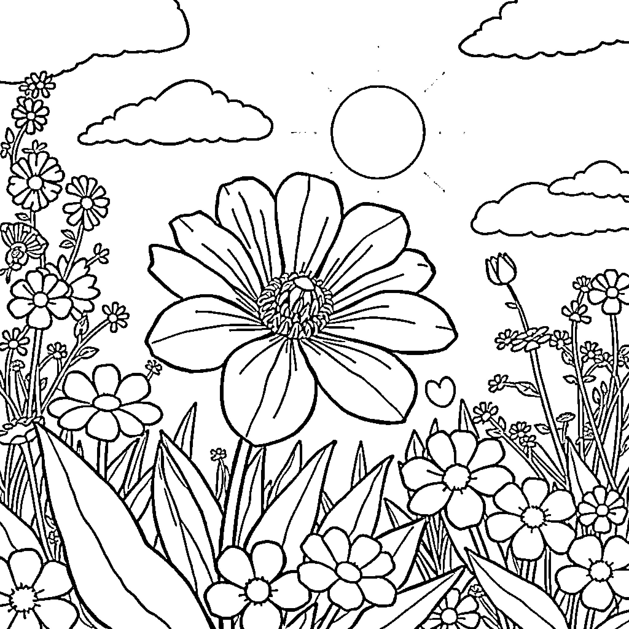 Flower garden with sun and clouds Coloring Page (free black-and-white line drawing printable PDF for all, from beginners to advanced learners, including children, teens, adults, and seniors)