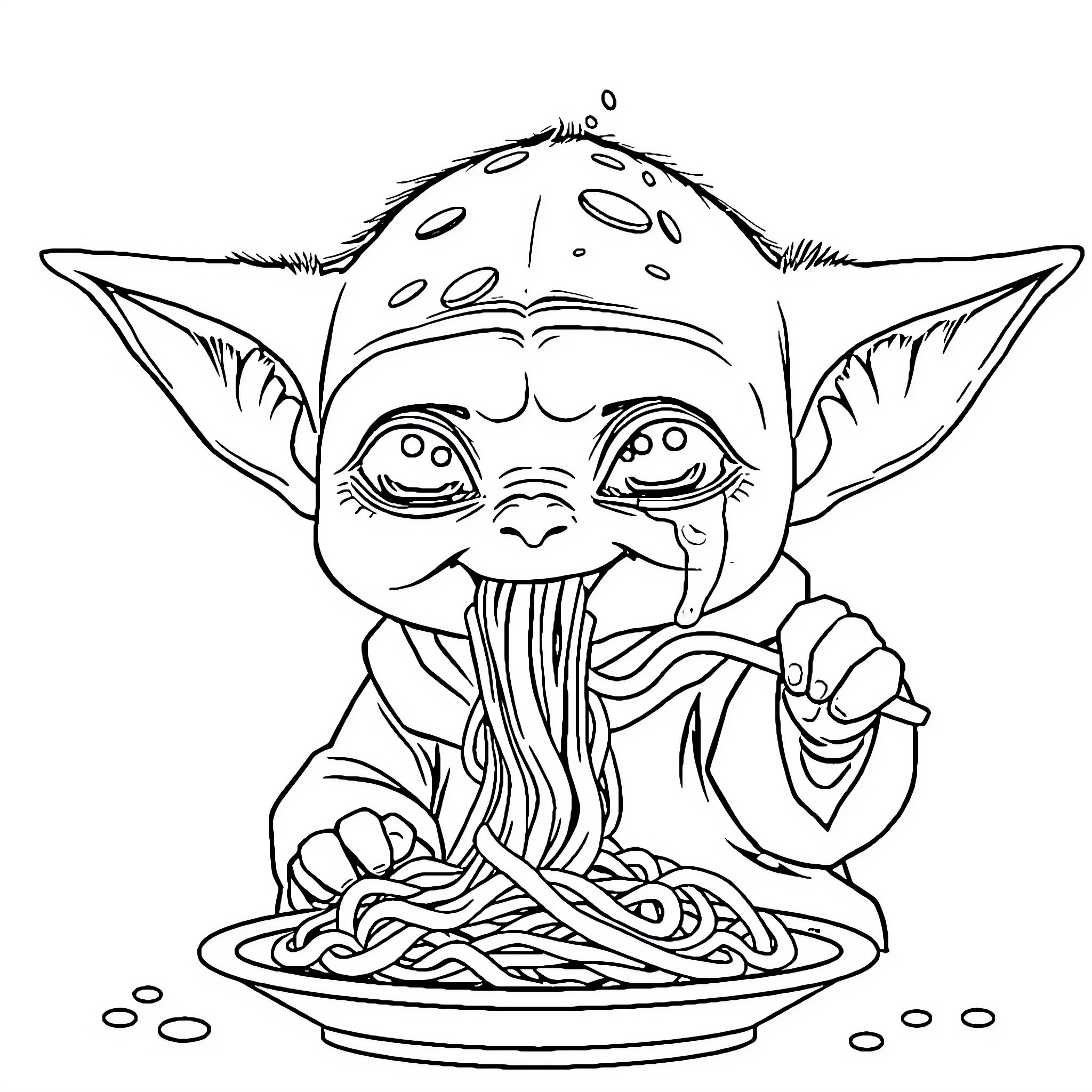 Baby Yoda enjoying a plate of spaghetti Coloring Page (free black-and-white line drawing printable PDF for all, from beginners to advanced learners, including children, teens, adults, and seniors)