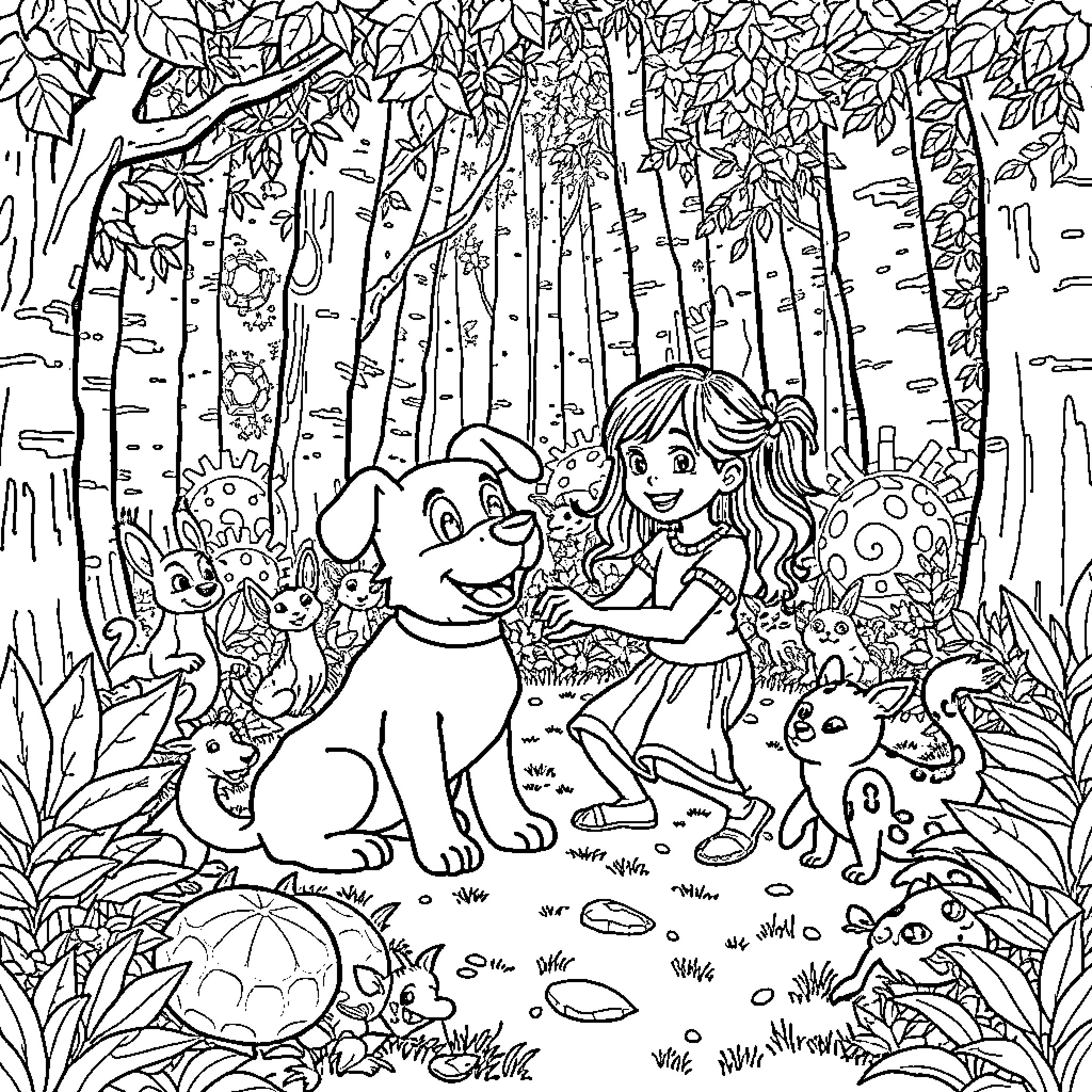 Dog and girl playing in the forest Coloring Page (free black-and-white line drawing printable PDF for all, from beginners to advanced learners, including children, teens, adults, and seniors)