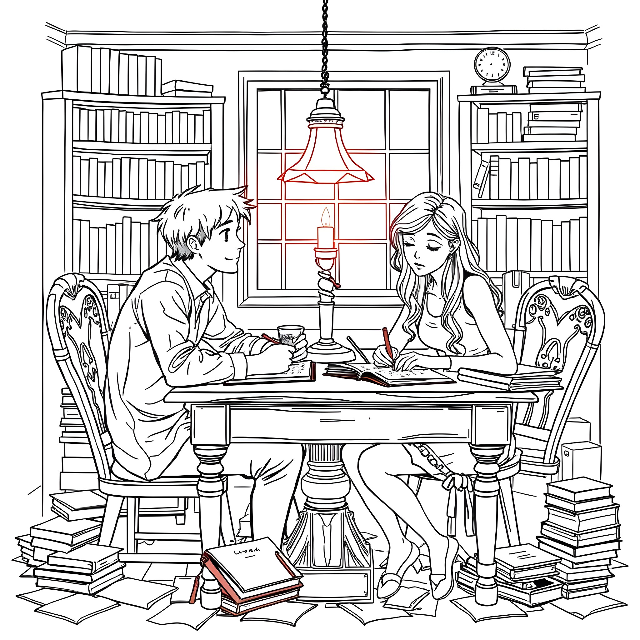 Jonathan and Amelia studying together in the library Coloring Page (free black-and-white line drawing printable PDF for all, from beginners to advanced learners, including children, teens, adults, and seniors)