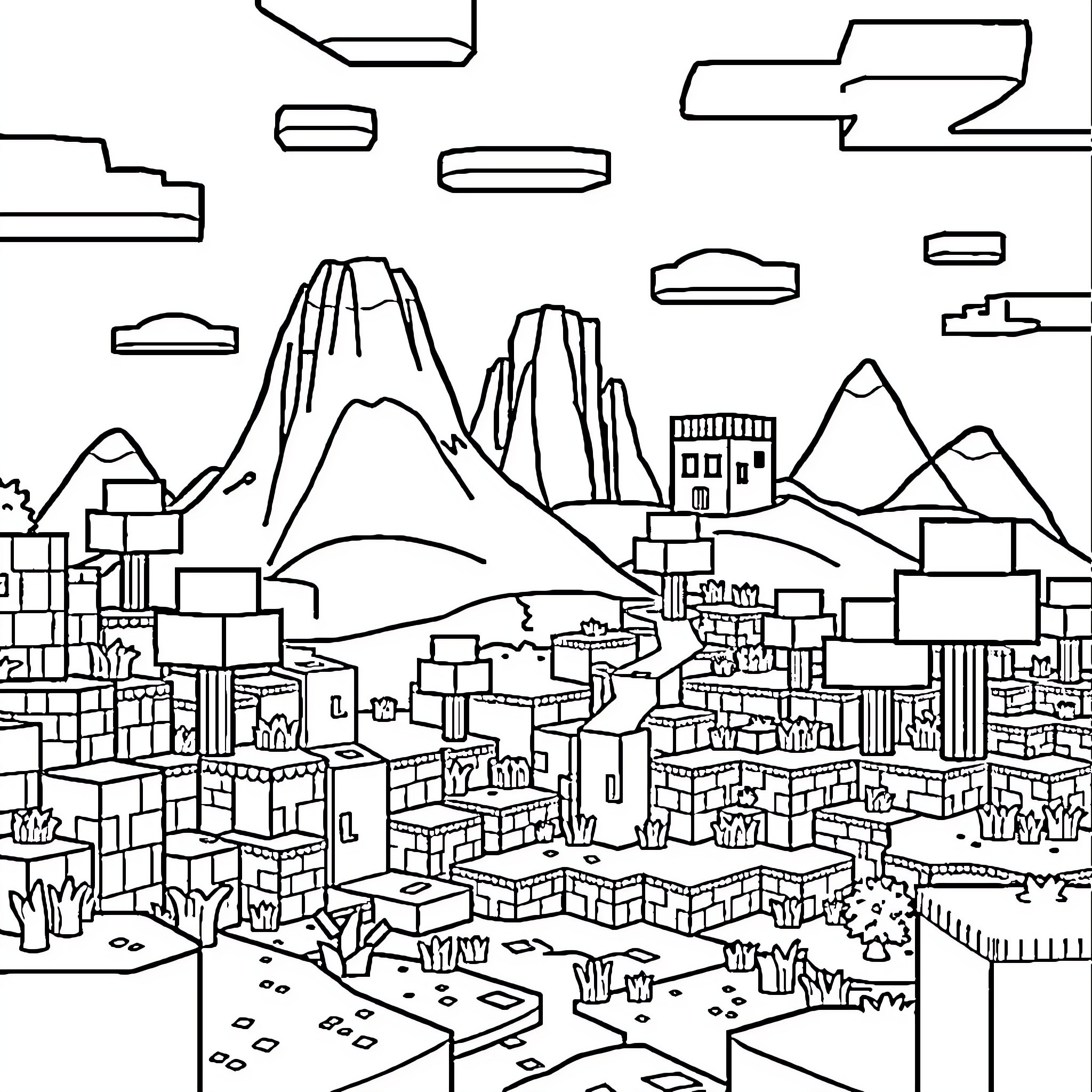 Minecraft Mountainous Landscape with Floating Islands Coloring Page (free black-and-white line drawing printable PDF for all, from beginners to advanced learners, including children, teens, adults, and seniors)