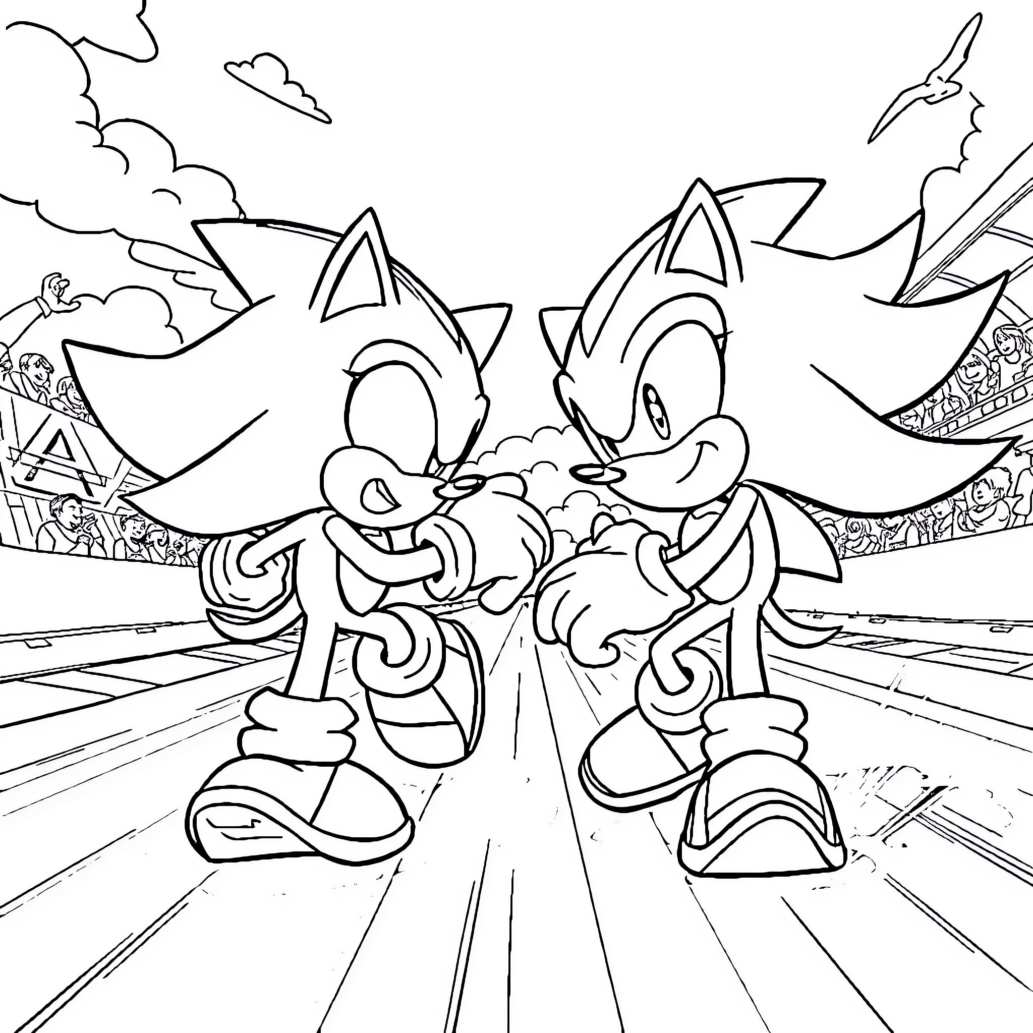 Sonic and Friends in a Thrilling Adventure Coloring Page (free black-and-white line drawing printable PDF for all, from beginners to advanced learners, including children, teens, adults, and seniors)