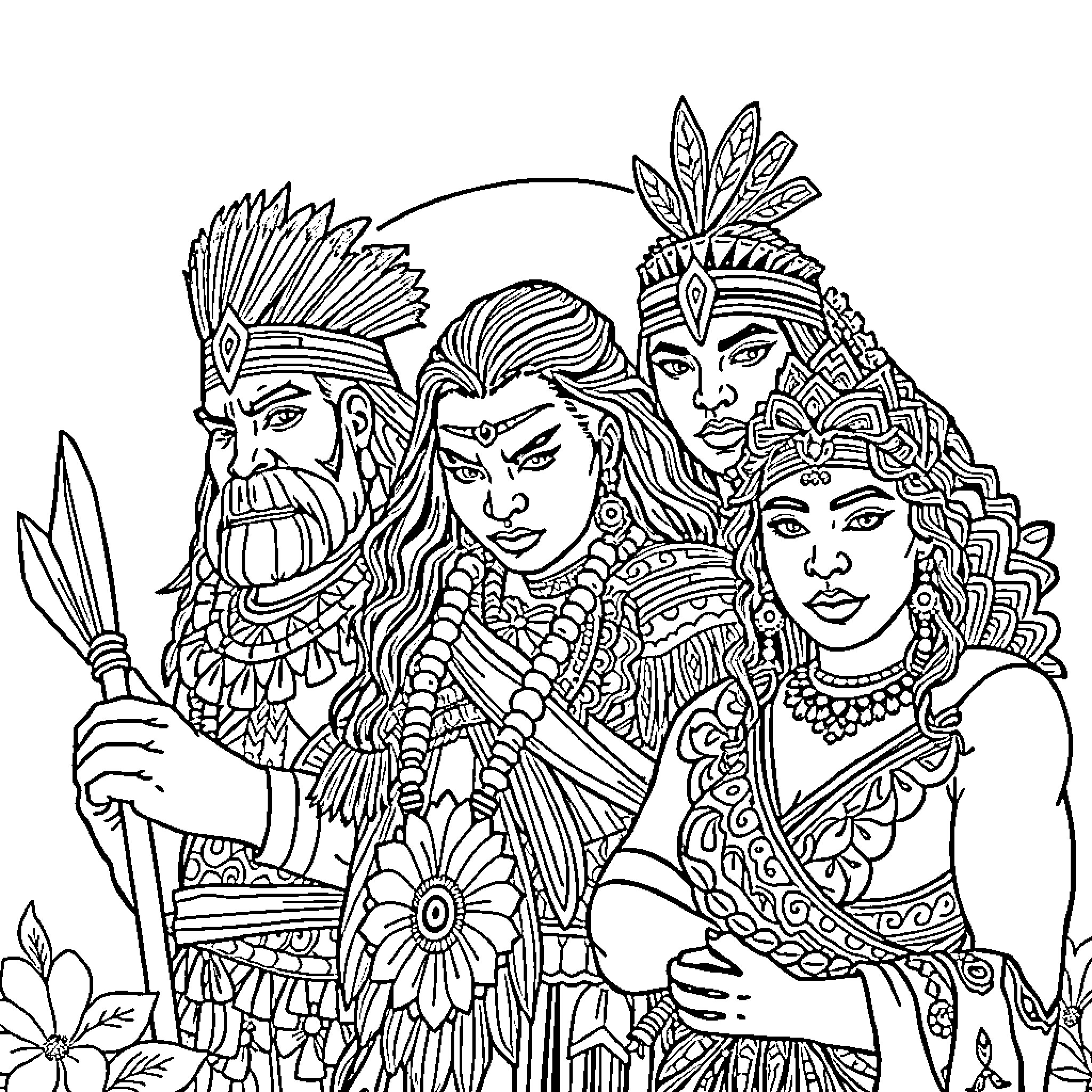 Supernatural Tribal Warriors in Ornate Attire Coloring Page (free black-and-white line drawing printable PDF for all, from beginners to advanced learners, including children, teens, adults, and seniors)