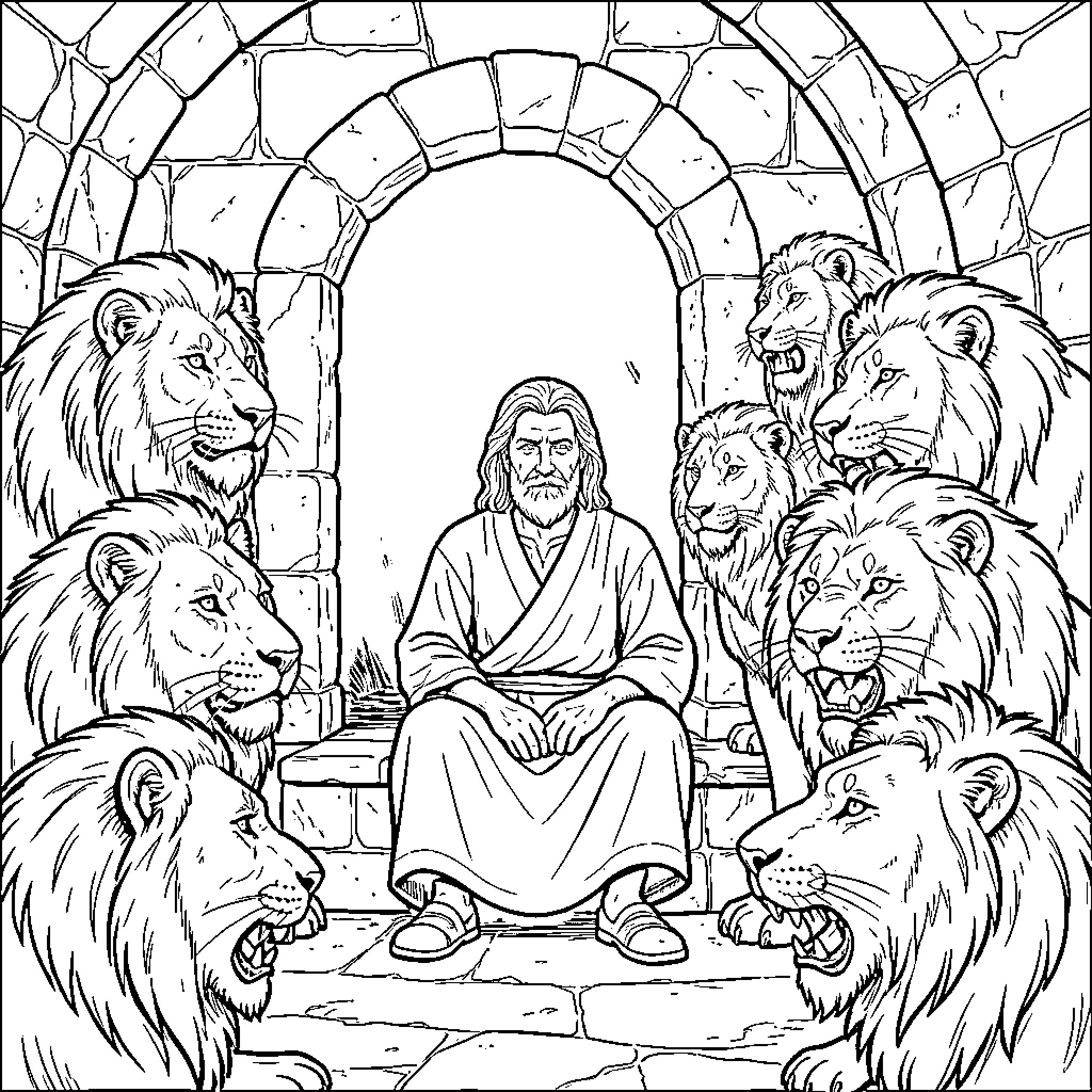Daniel's Peaceful Encounter with the Lions Coloring Page (free black-and-white line drawing printable PDF for all, from beginners to advanced learners, including children, teens, adults, and seniors)