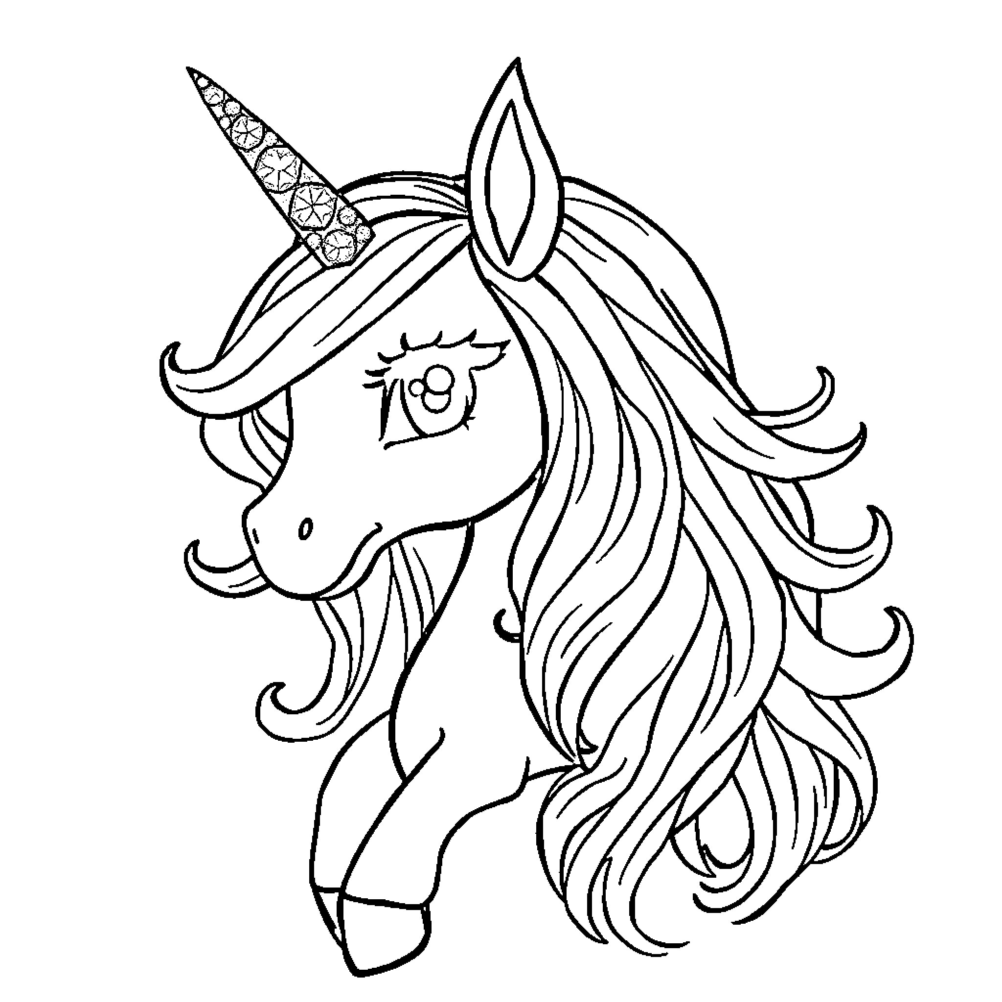 Unicorn with flowing mane and horn Coloring Page (free black-and-white line drawing printable PDF for all, from beginners to advanced learners, including children, teens, adults, and seniors)