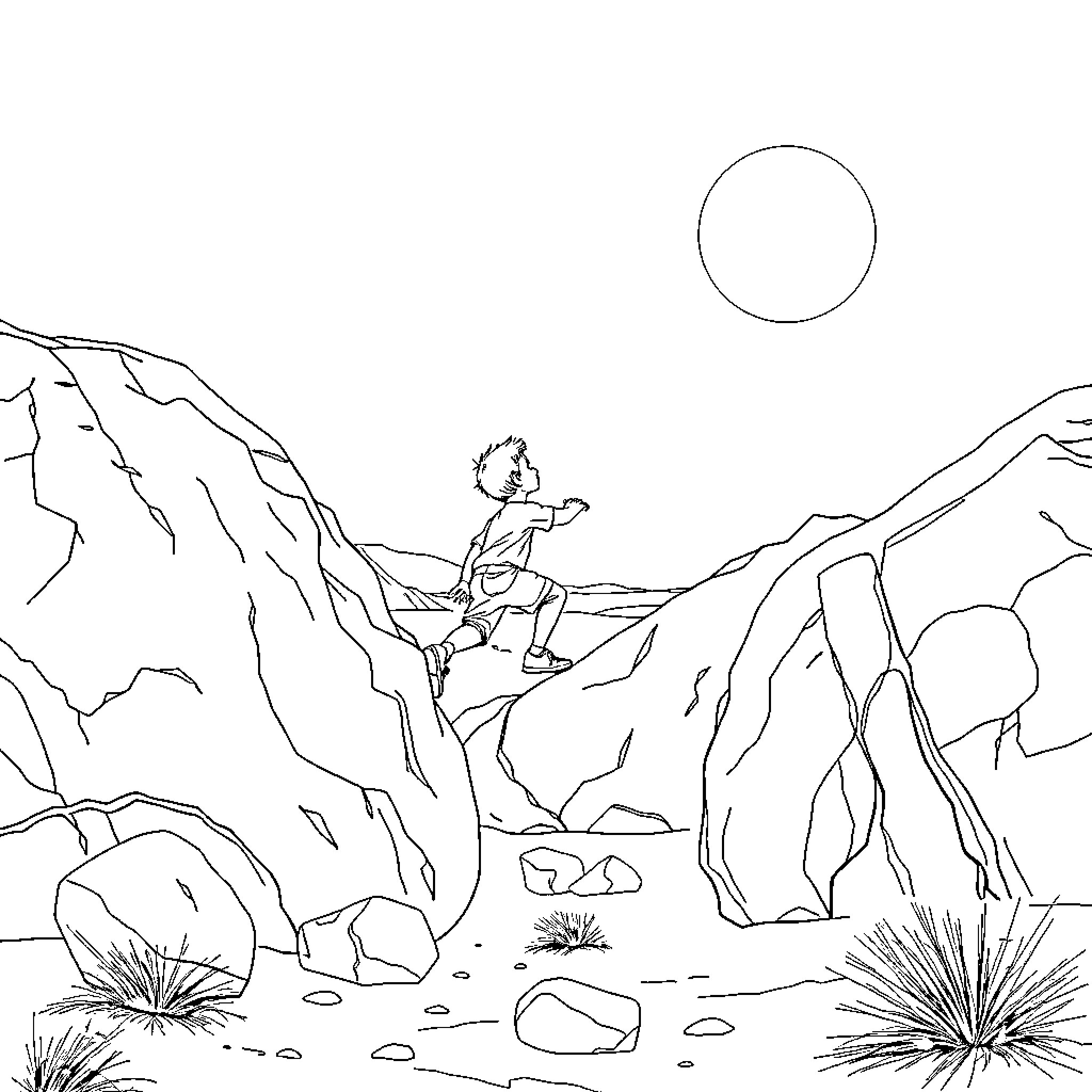 Boy exploring rugged mountain landscape Coloring Page (free black-and-white line drawing printable PDF for all, from beginners to advanced learners, including children, teens, adults, and seniors)