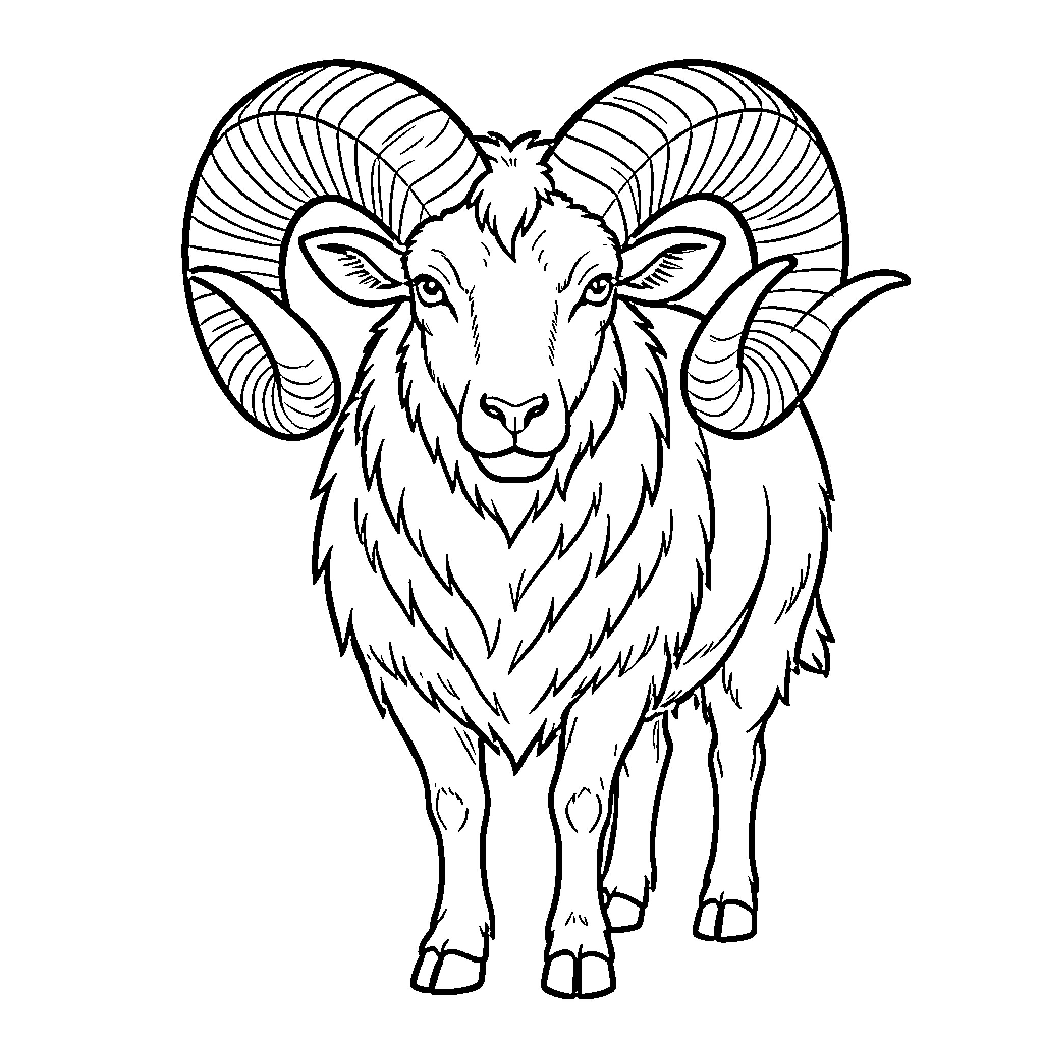 Aries Ram with striking horns and gaze Coloring Page (free black-and-white line drawing printable PDF for all, from beginners to advanced learners, including children, teens, adults, and seniors)