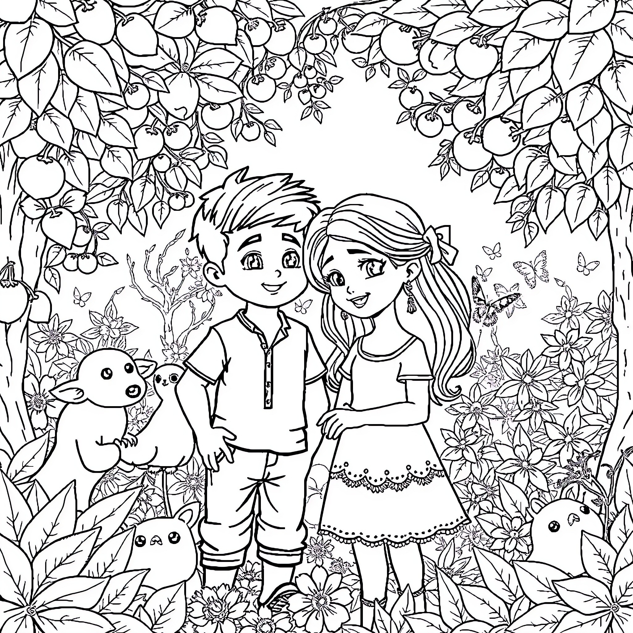 Adán y Eva en el Jardín del Edén Coloring Page (free black-and-white line drawing printable PDF for all, from beginners to advanced learners, including children, teens, adults, and seniors)