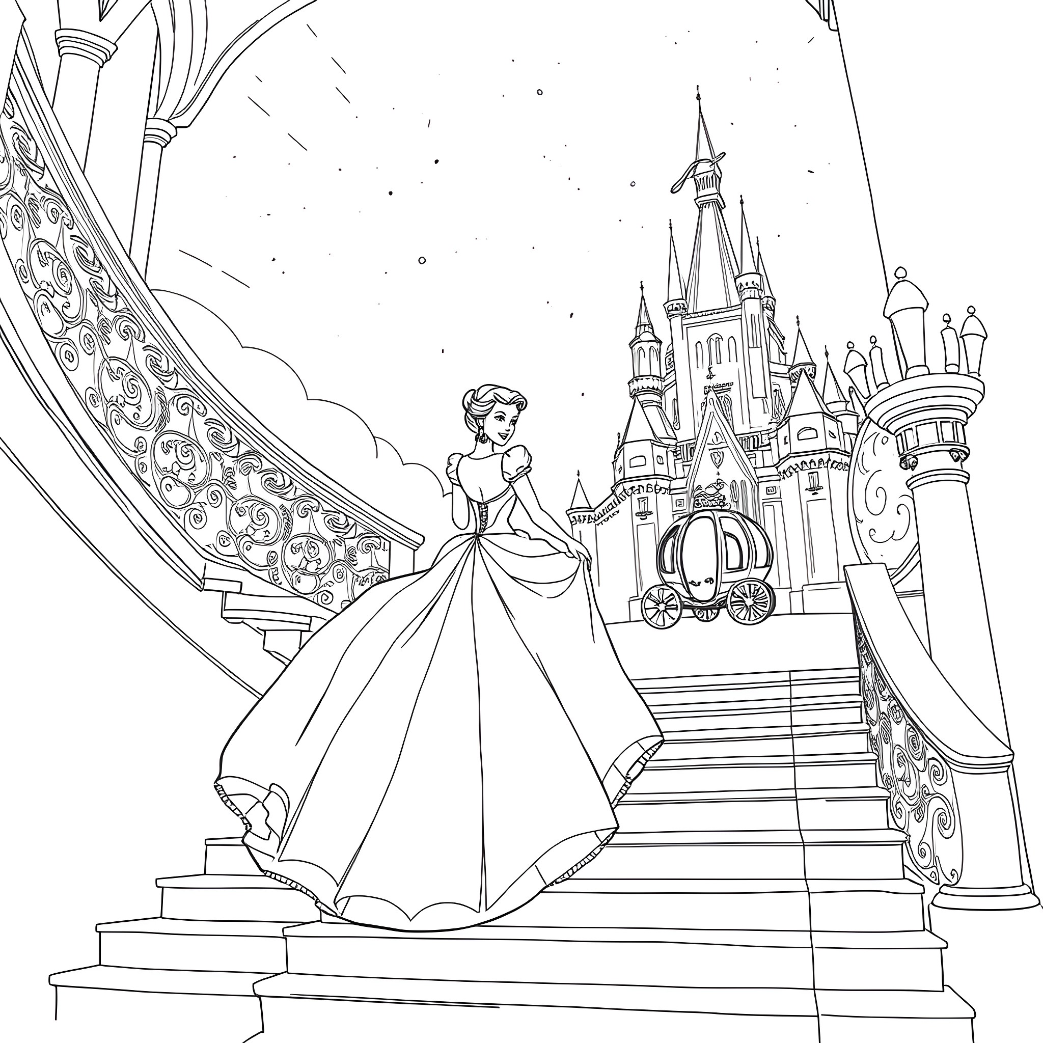 Cinderella's fairytale castle dream Coloring Page (free black-and-white line drawing printable PDF for all, from beginners to advanced learners, including children, teens, adults, and seniors)