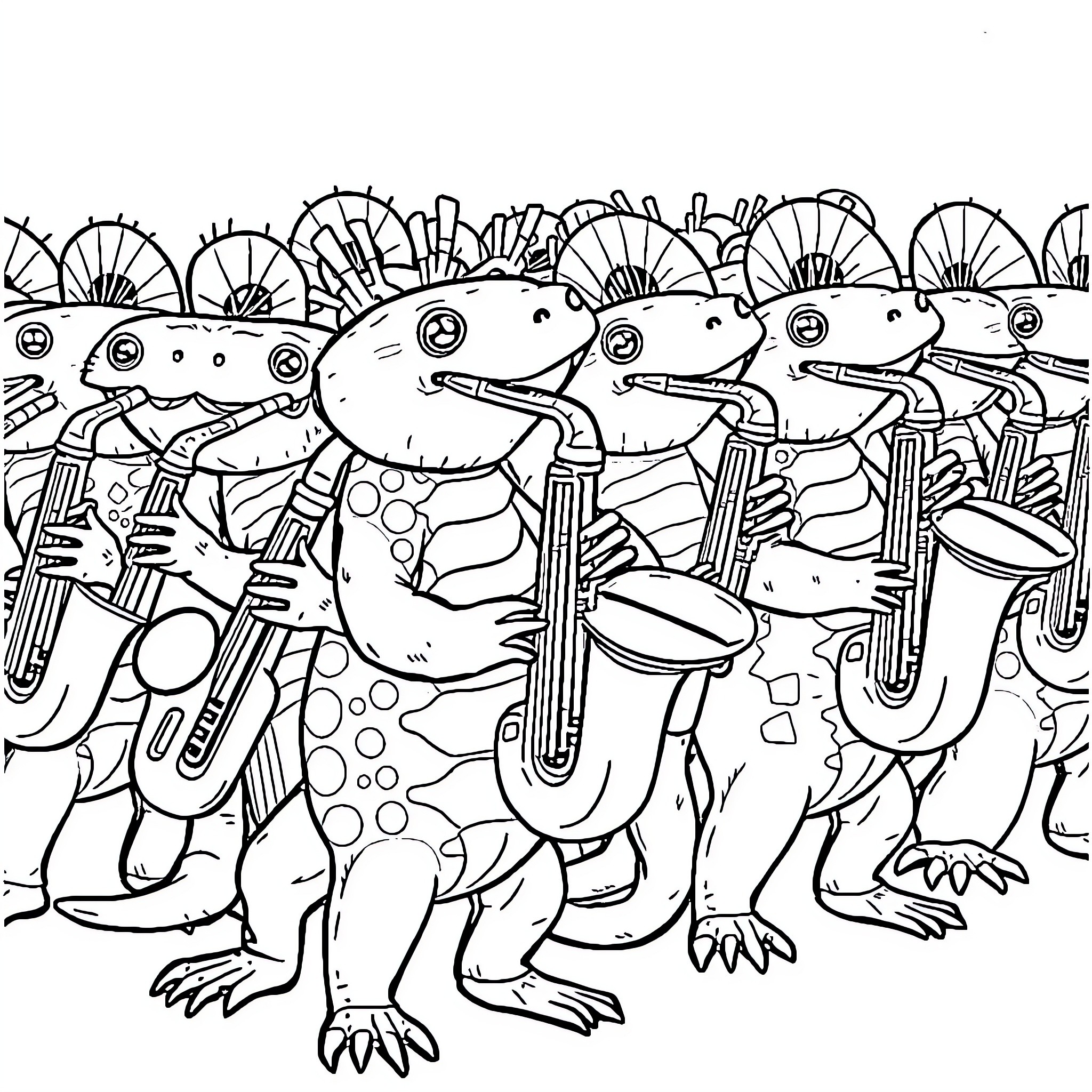 Axolotls playing musical instruments in a crowd Coloring Page (free black-and-white line drawing printable PDF for all, from beginners to advanced learners, including children, teens, adults, and seniors)