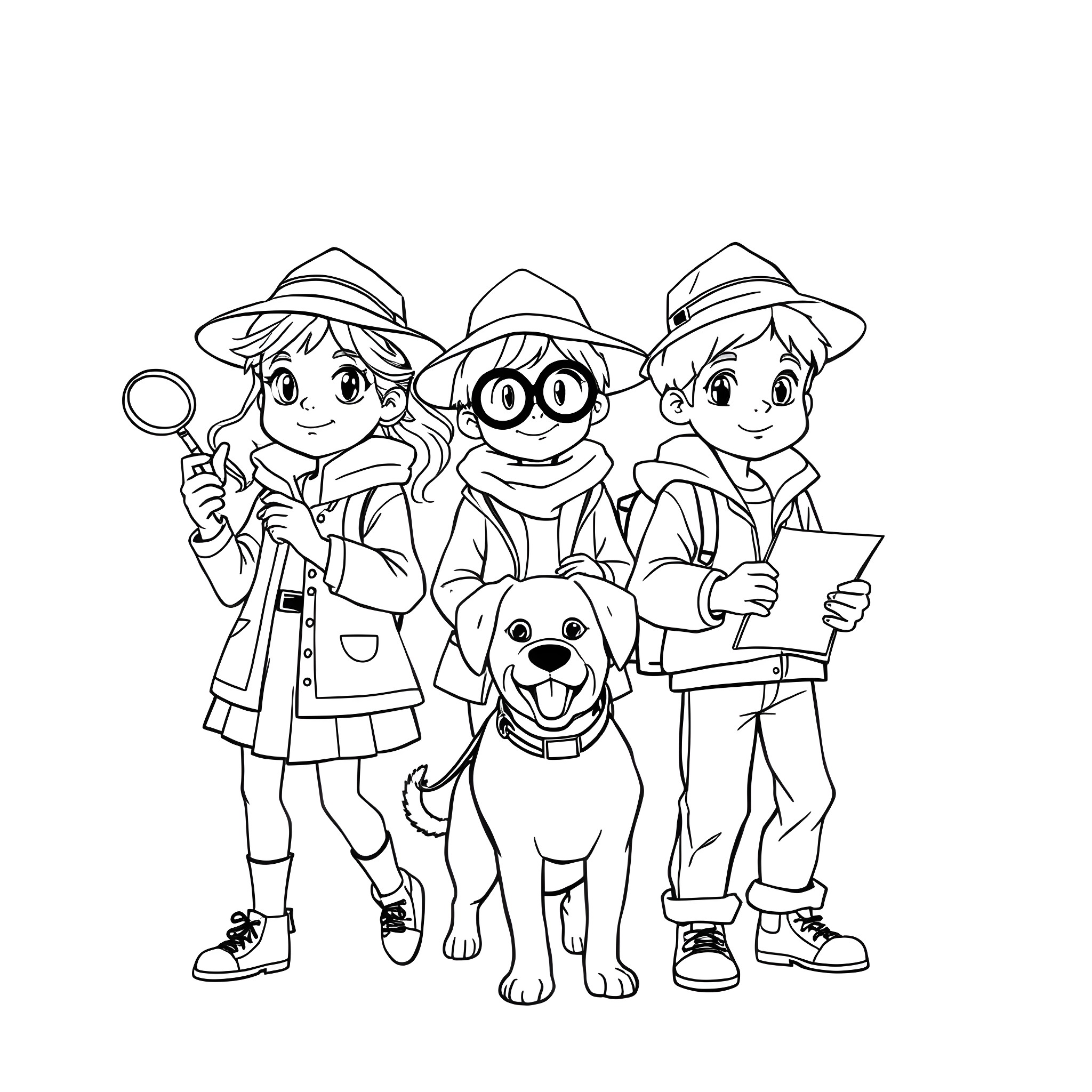 Detective children exploring with dog companion Coloring Page (free black-and-white line drawing printable PDF for all, from beginners to advanced learners, including children, teens, adults, and seniors)