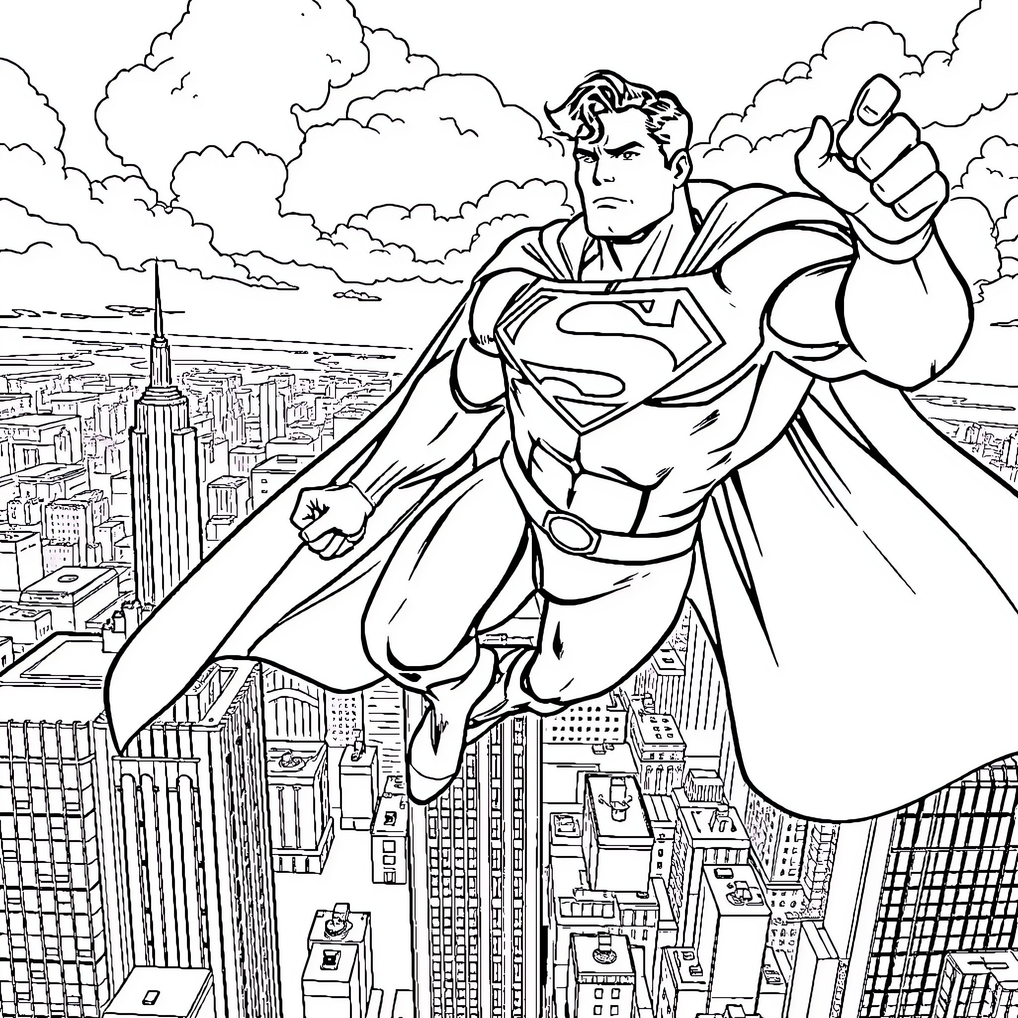 Superman soaring over the city in heroic action Coloring Page (free black-and-white line drawing printable PDF for all, from beginners to advanced learners, including children, teens, adults, and seniors)