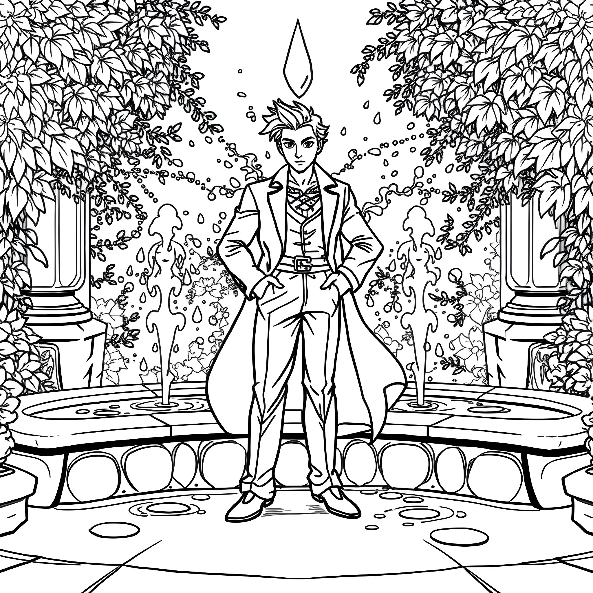 Tartaglia's Enchanting Escapades in the Verdant Sanctuary Coloring Page (free black-and-white line drawing printable PDF for all, from beginners to advanced learners, including children, teens, adults, and seniors)