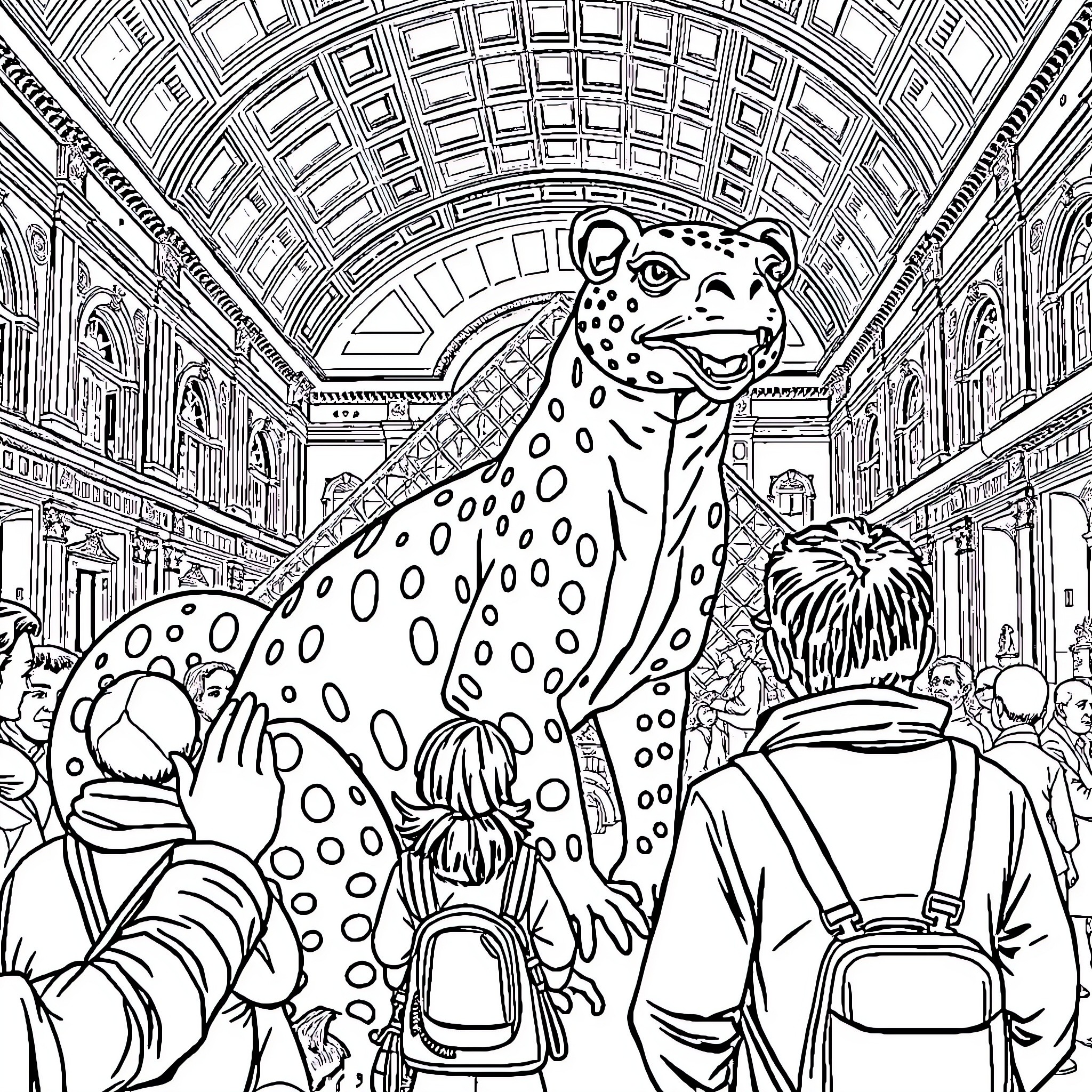 Marsupilami exploring a grand indoor space with people Coloring Page (free black-and-white line drawing printable PDF for all, from beginners to advanced learners, including children, teens, adults, and seniors)