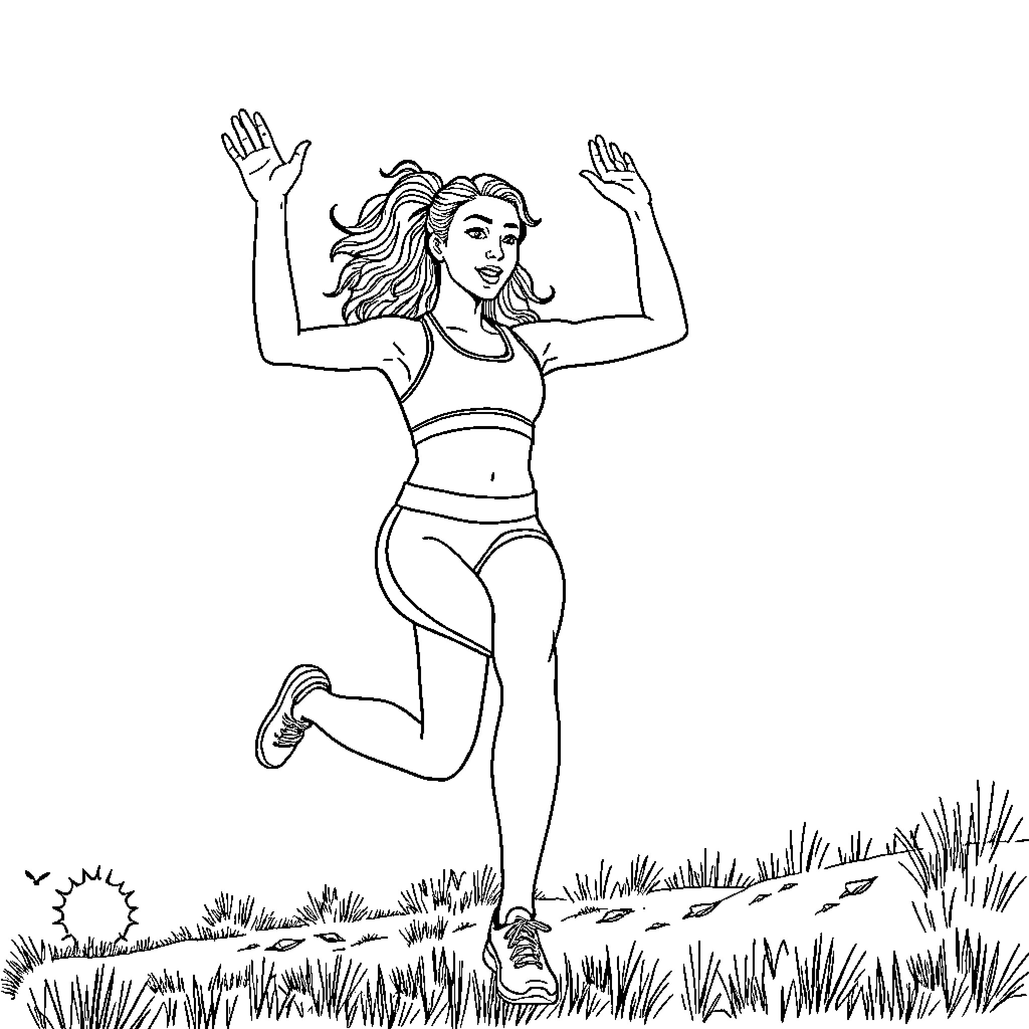 Sydney Sweeney exercising energetically outdoors Coloring Page (free black-and-white line drawing printable PDF for all, from beginners to advanced learners, including children, teens, adults, and seniors)