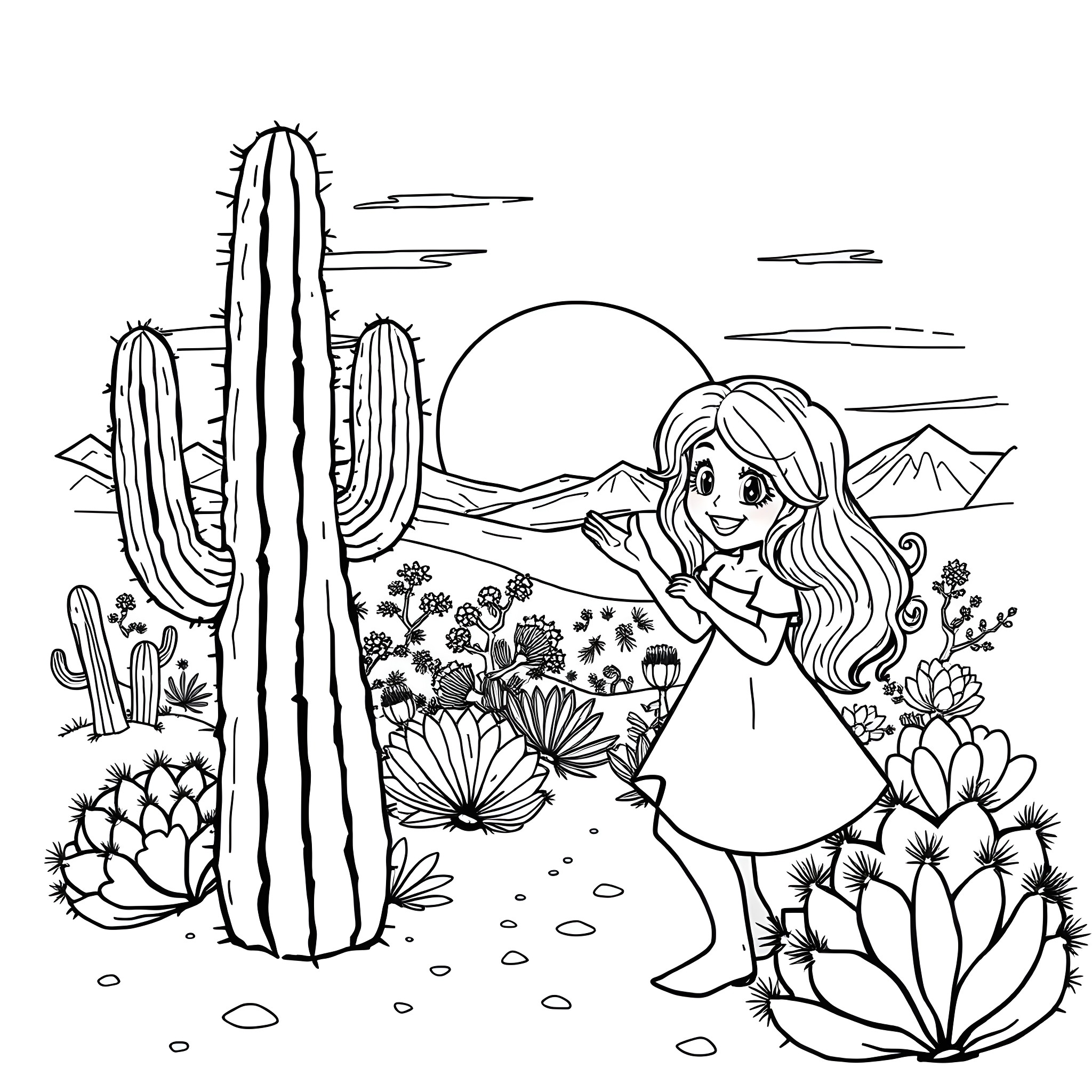 Sabrina Carpenter enjoying the desert scenery Coloring Page (free black-and-white line drawing printable PDF for all, from beginners to advanced learners, including children, teens, adults, and seniors)