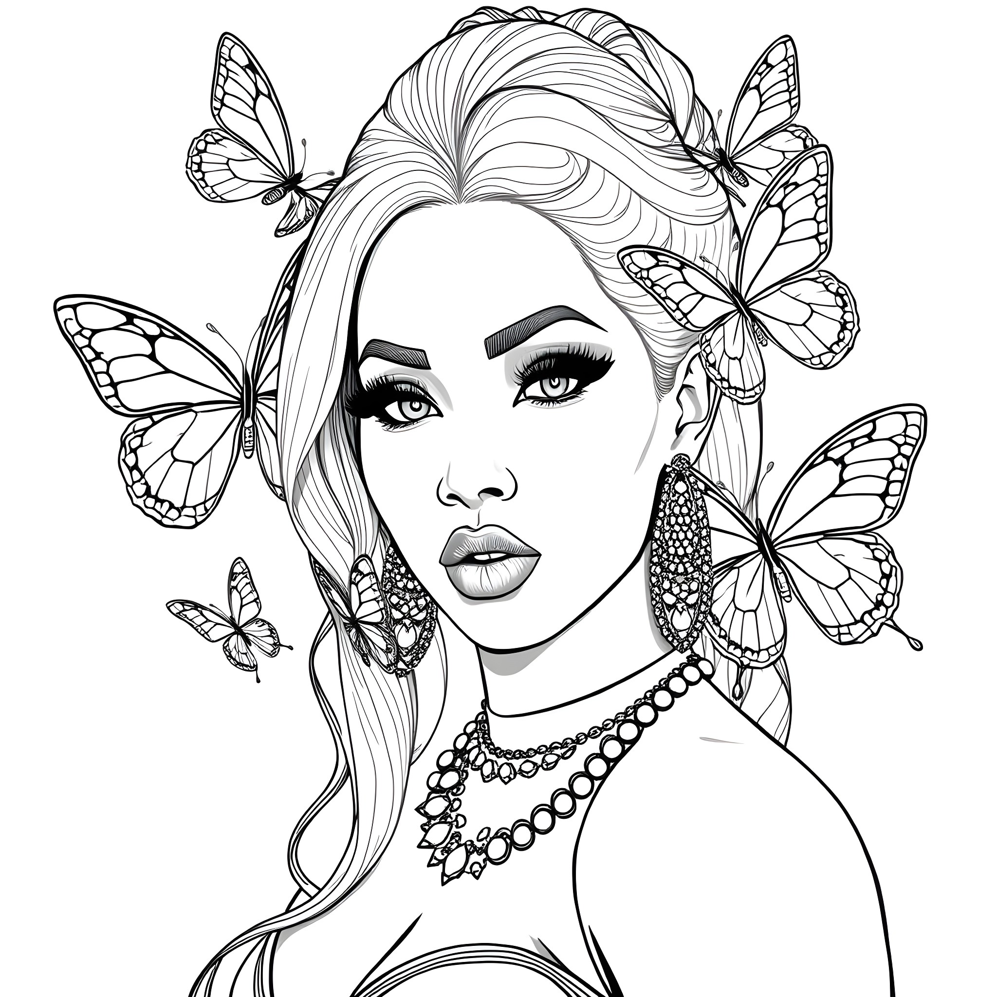 Nicki Minaj Surrounded by Butterflies in Enchanting Attire Coloring Page (free black-and-white line drawing printable PDF for all, from beginners to advanced learners, including children, teens, adults, and seniors)