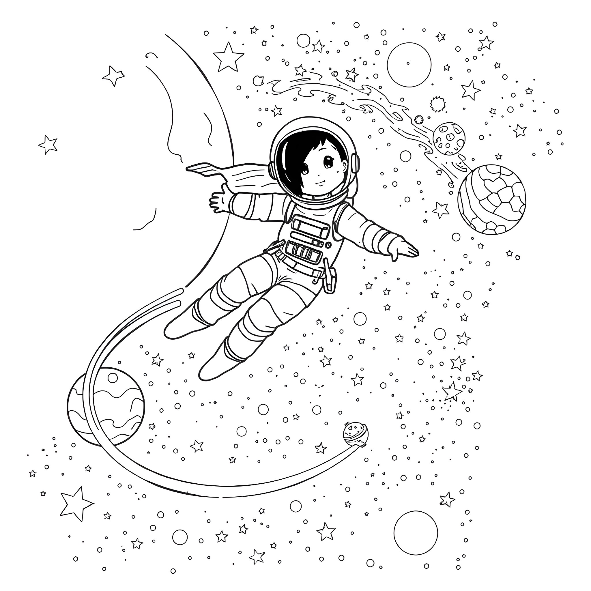 Astronaut floating in the starry cosmos Coloring Page (free black-and-white line drawing printable PDF for all, from beginners to advanced learners, including children, teens, adults, and seniors)