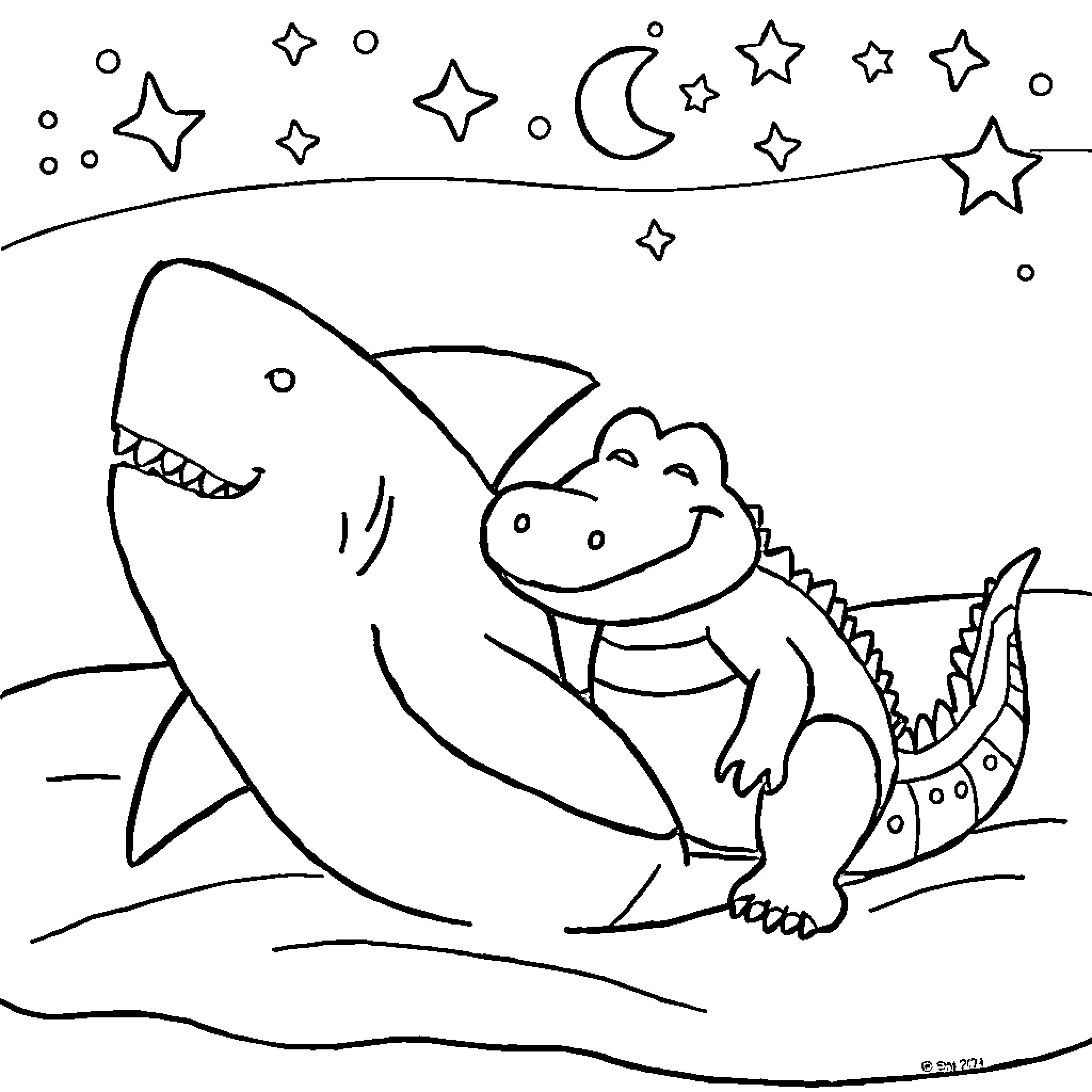 Shark playing with a cute dinosaur under the starry night sky Coloring Page (free black-and-white line drawing printable PDF for all, from beginners to advanced learners, including children, teens, adults, and seniors)
