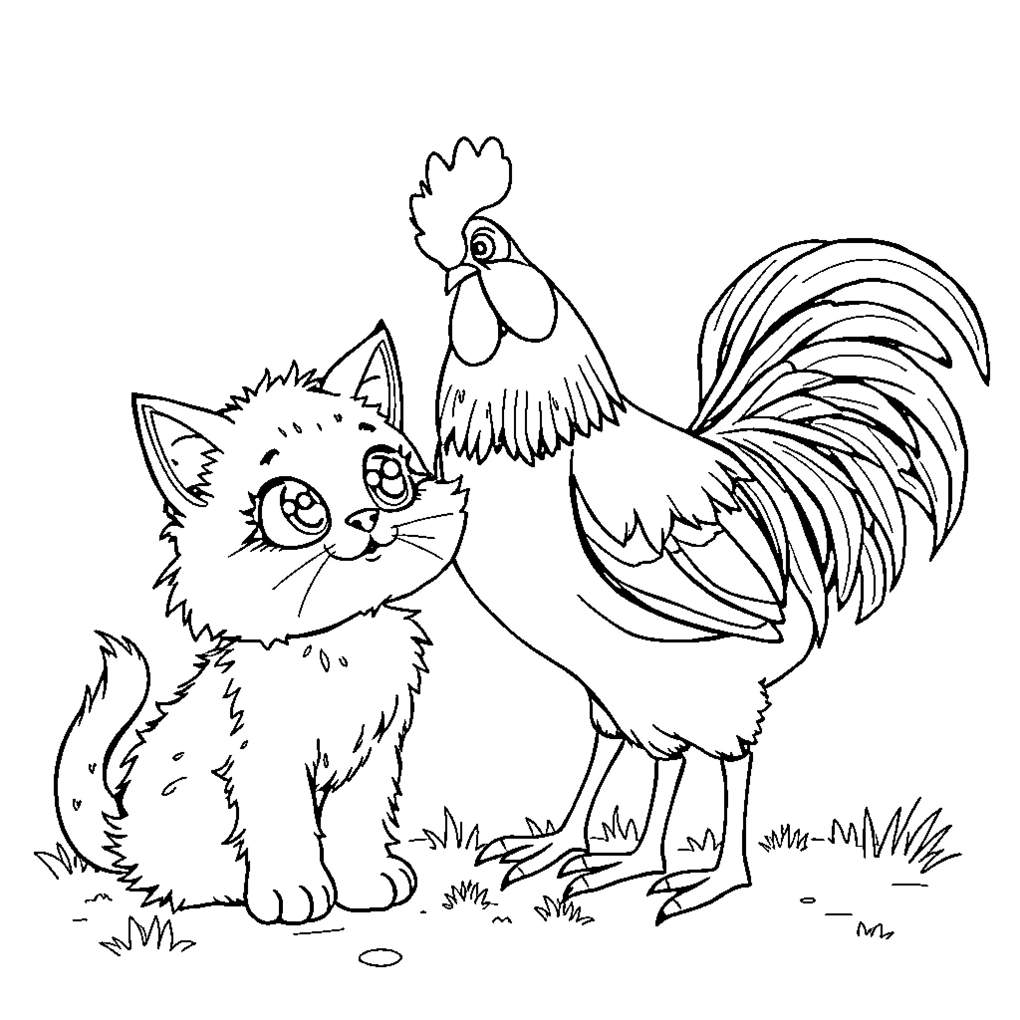 Cat and Rooster on Farmyard Scene Coloring Page (free black-and-white line drawing printable PDF for all, from beginners to advanced learners, including children, teens, adults, and seniors)
