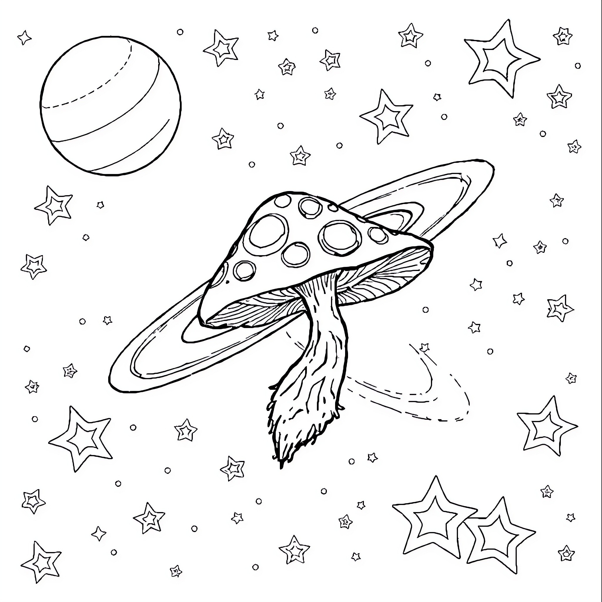 Mushroom spaceship flying among stars Coloring Page (free black-and-white line drawing printable PDF for all, from beginners to advanced learners, including children, teens, adults, and seniors)