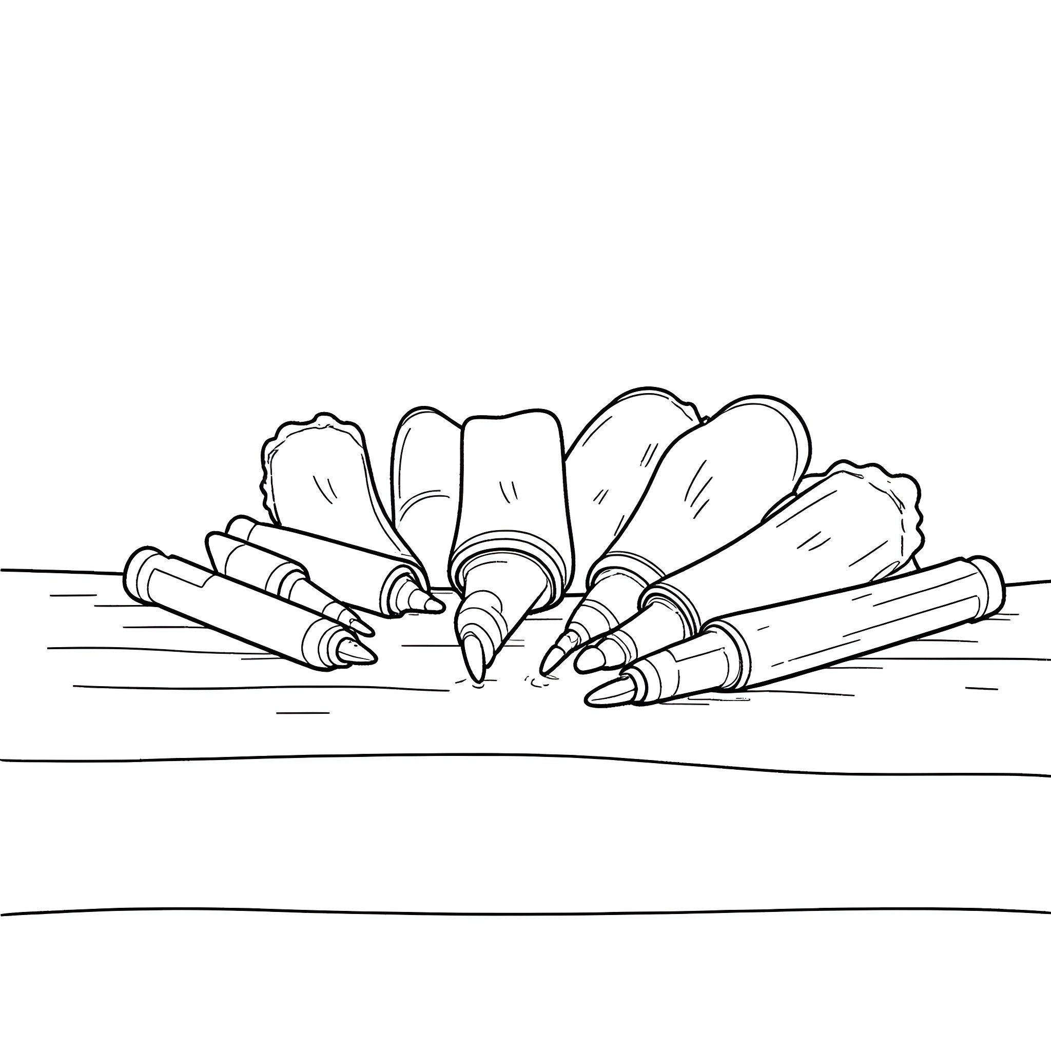 Marker art supplies on table Coloring Page (free black-and-white line drawing printable PDF for all, from beginners to advanced learners, including children, teens, adults, and seniors)