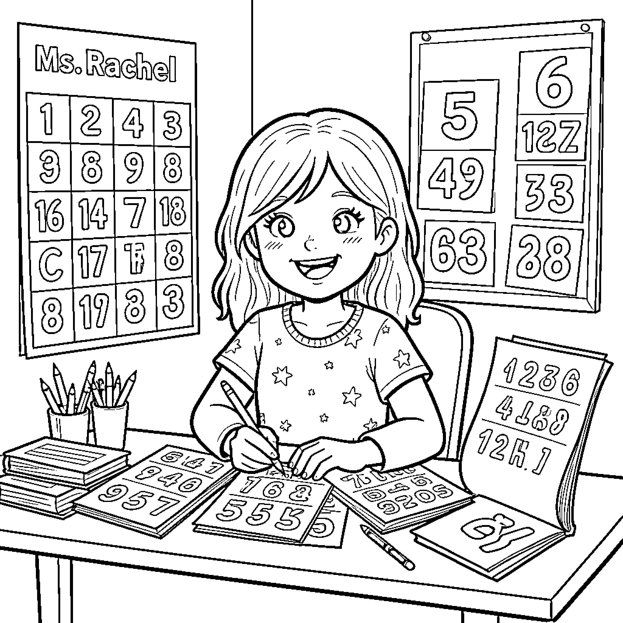 Ms Rachel teaching numbers and math in the classroom Coloring Page (free black-and-white line drawing printable PDF for all, from beginners to advanced learners, including children, teens, adults, and seniors)