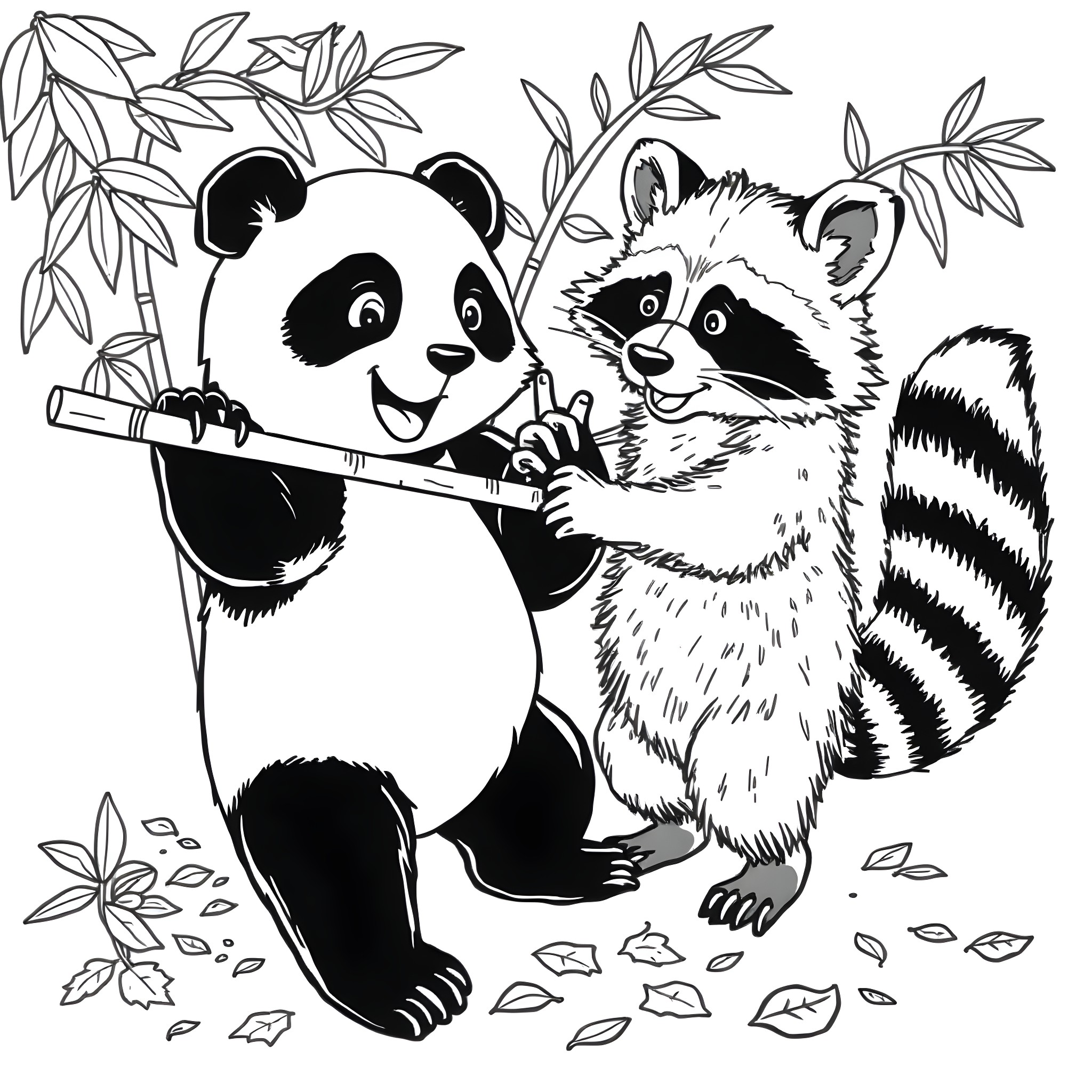 Panda and Raccoon Explore the Jungle Coloring Page (free black-and-white line drawing printable PDF for all, from beginners to advanced learners, including children, teens, adults, and seniors)