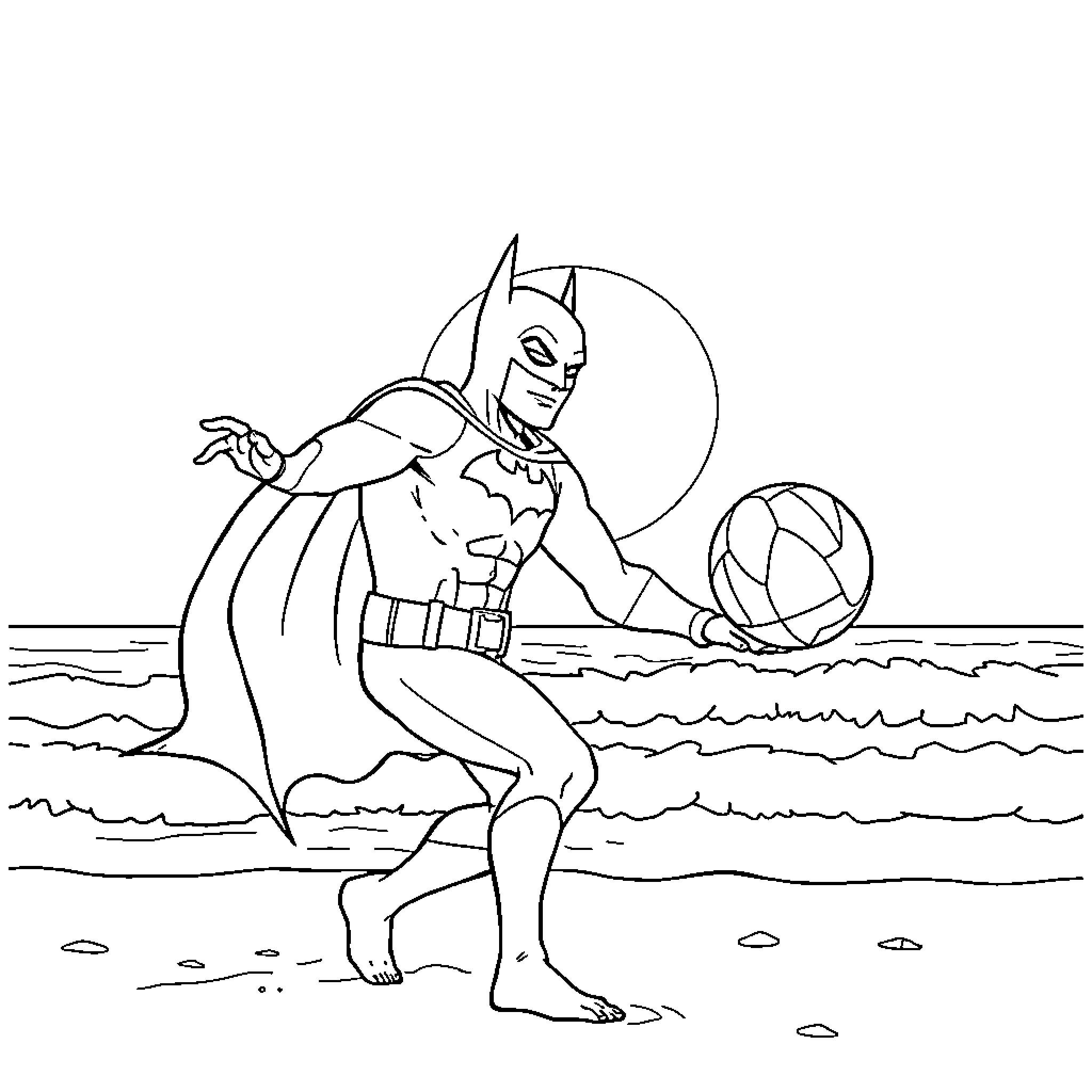 Batman playing with ball on the beach Coloring Page (free black-and-white line drawing printable PDF for all, from beginners to advanced learners, including children, teens, adults, and seniors)