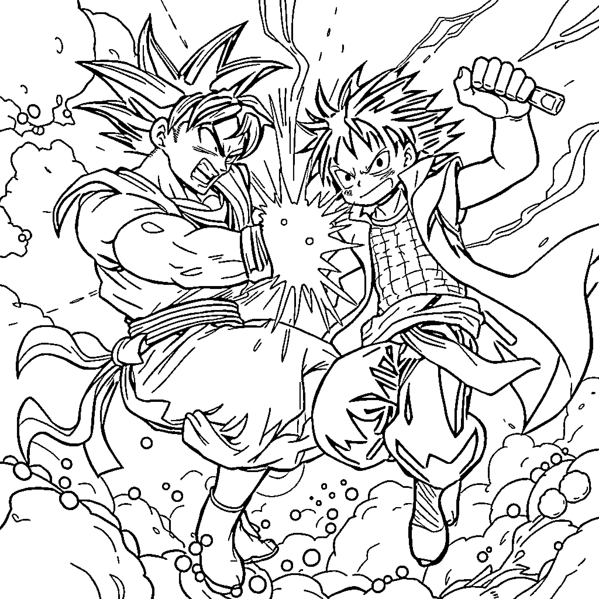 Dragon Ball Action-Packed Clash of Powerful Fighters Coloring Page (free black-and-white line drawing printable PDF for all, from beginners to advanced learners, including children, teens, adults, and seniors)