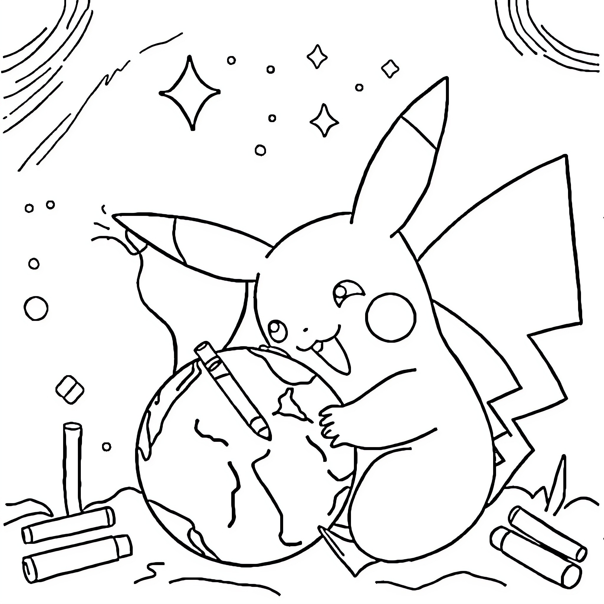 Pikachu exploring the universe with pencils Coloring Page (free black-and-white line drawing printable PDF for all, from beginners to advanced learners, including children, teens, adults, and seniors)