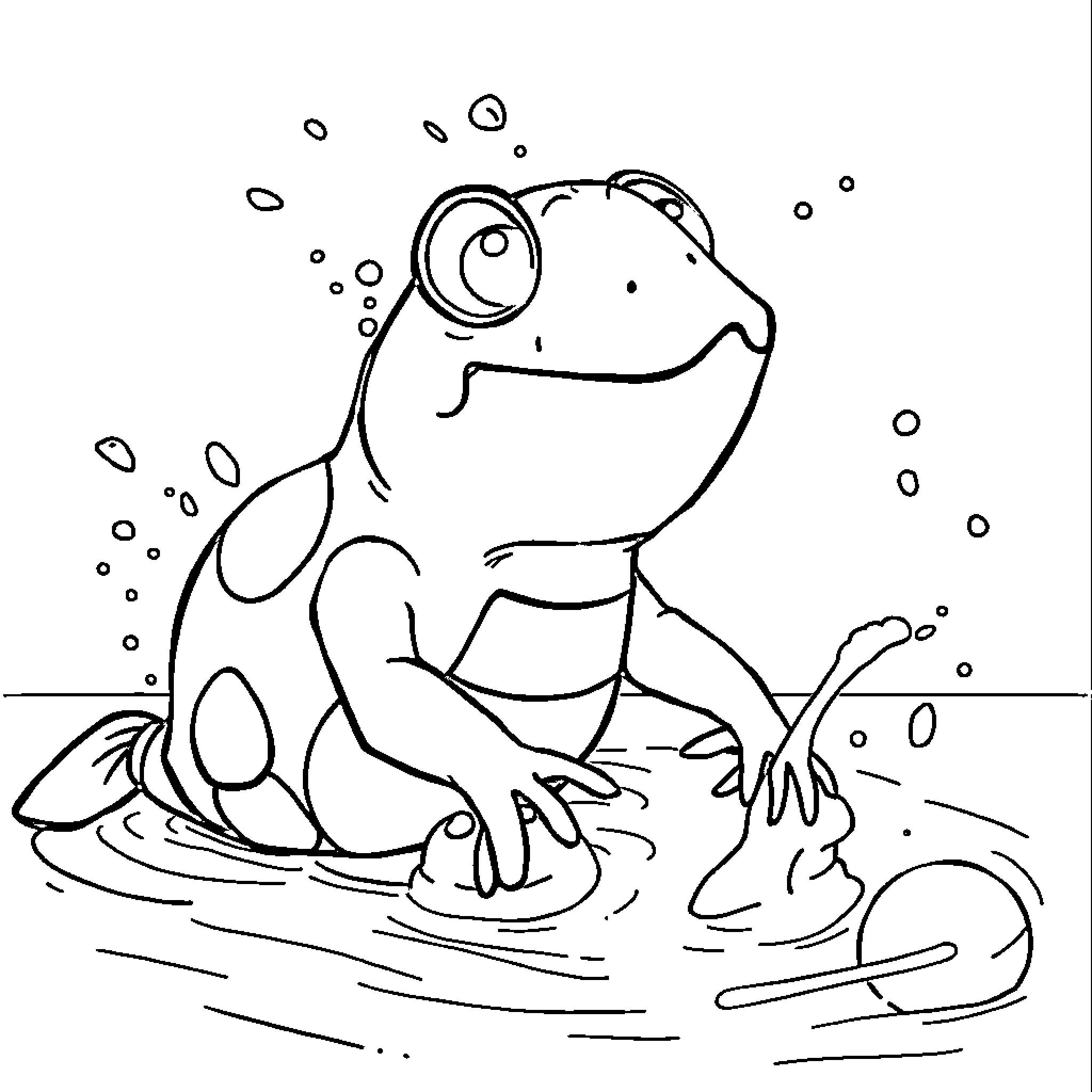 Paw Patrol frog splashing happily in a puddle Coloring Page (free black-and-white line drawing printable PDF for all, from beginners to advanced learners, including children, teens, adults, and seniors)