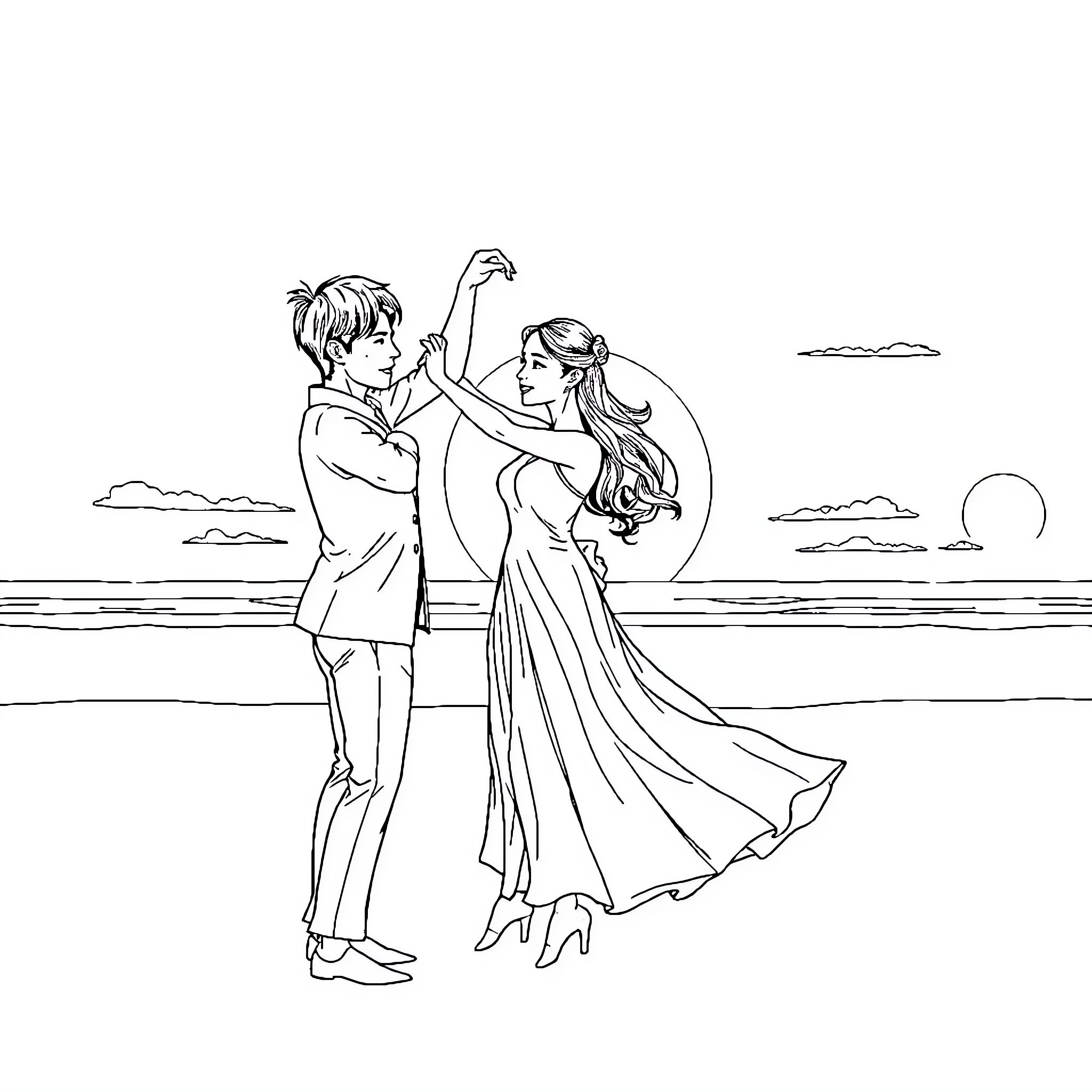 Jin Wo Sung dancing together with a partner Coloring Page (free black-and-white line drawing printable PDF for all, from beginners to advanced learners, including children, teens, adults, and seniors)