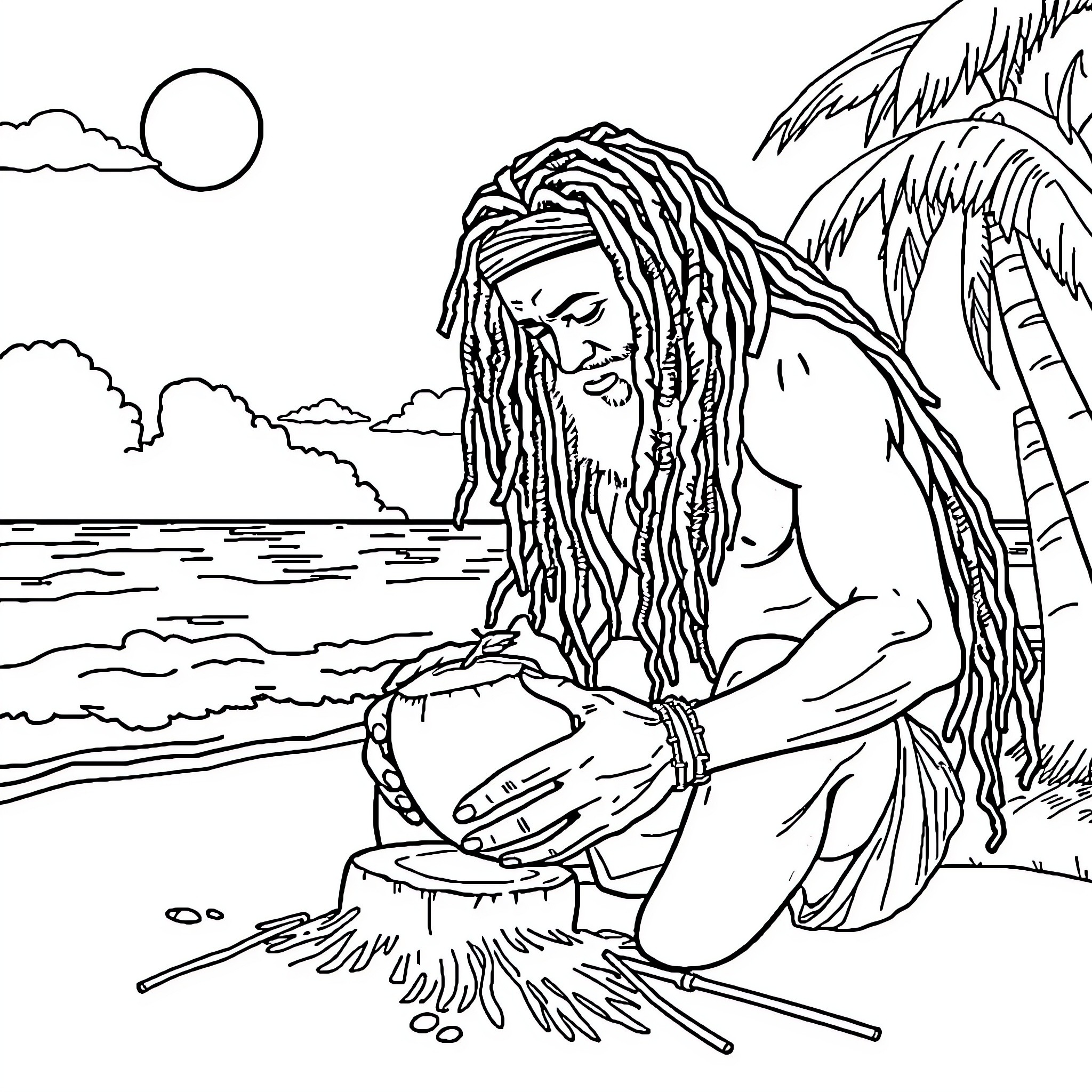Rasta Man Contemplating by the Peaceful Ocean Coloring Page (free black-and-white line drawing printable PDF for all, from beginners to advanced learners, including children, teens, adults, and seniors)