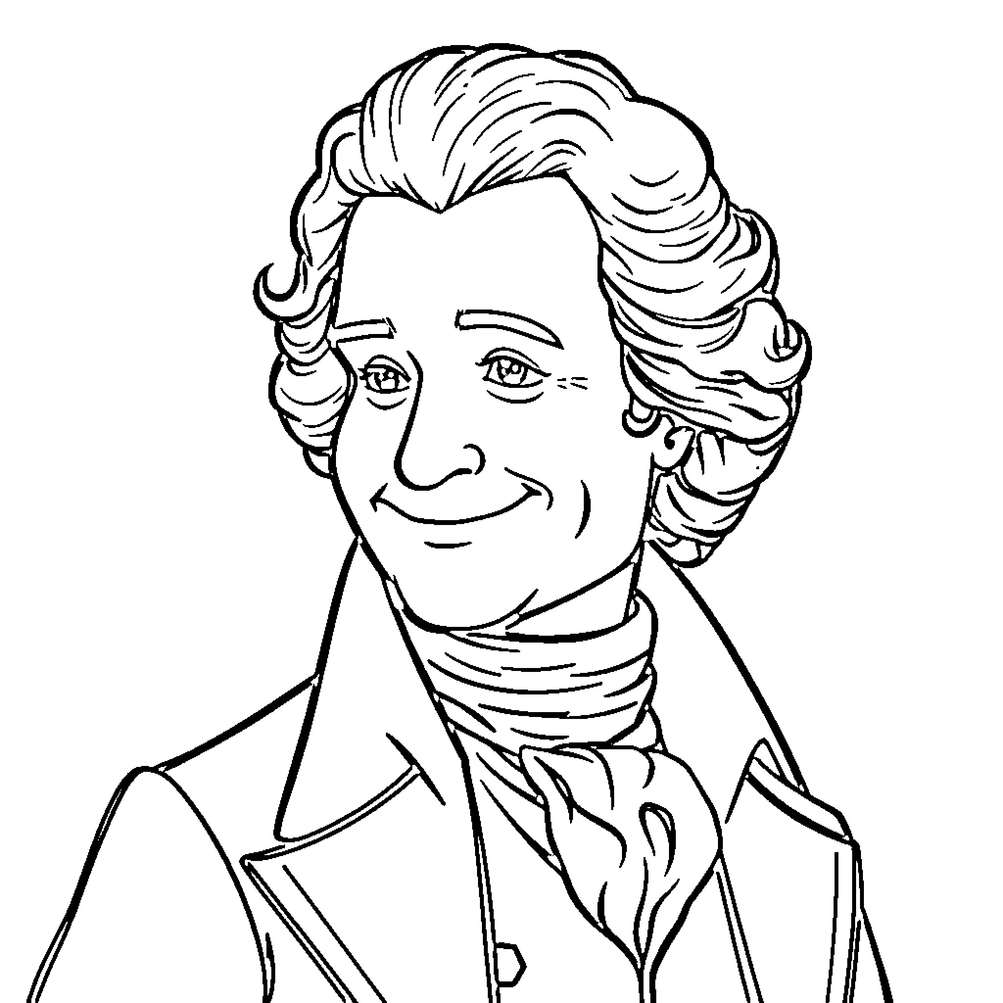 Thomas Jefferson in a Formal Outfit with Expressive Gestures Coloring Page (free black-and-white line drawing printable PDF for all, from beginners to advanced learners, including children, teens, adults, and seniors)