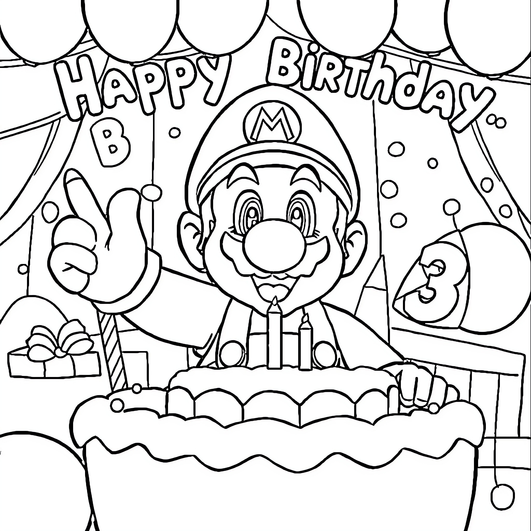 Mario celebrating his birthday with joy and excitement Coloring Page (free black-and-white line drawing printable PDF for all, from beginners to advanced learners, including children, teens, adults, and seniors)