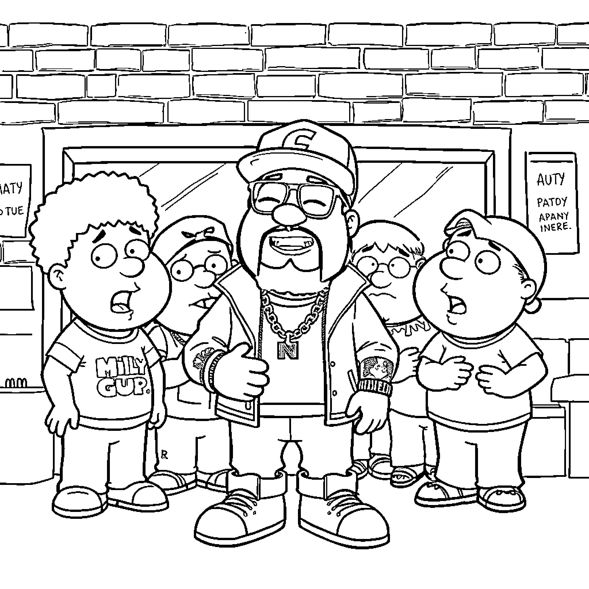 Rapper and his friends posing against a brick wall Coloring Page (free black-and-white line drawing printable PDF for all, from beginners to advanced learners, including children, teens, adults, and seniors)