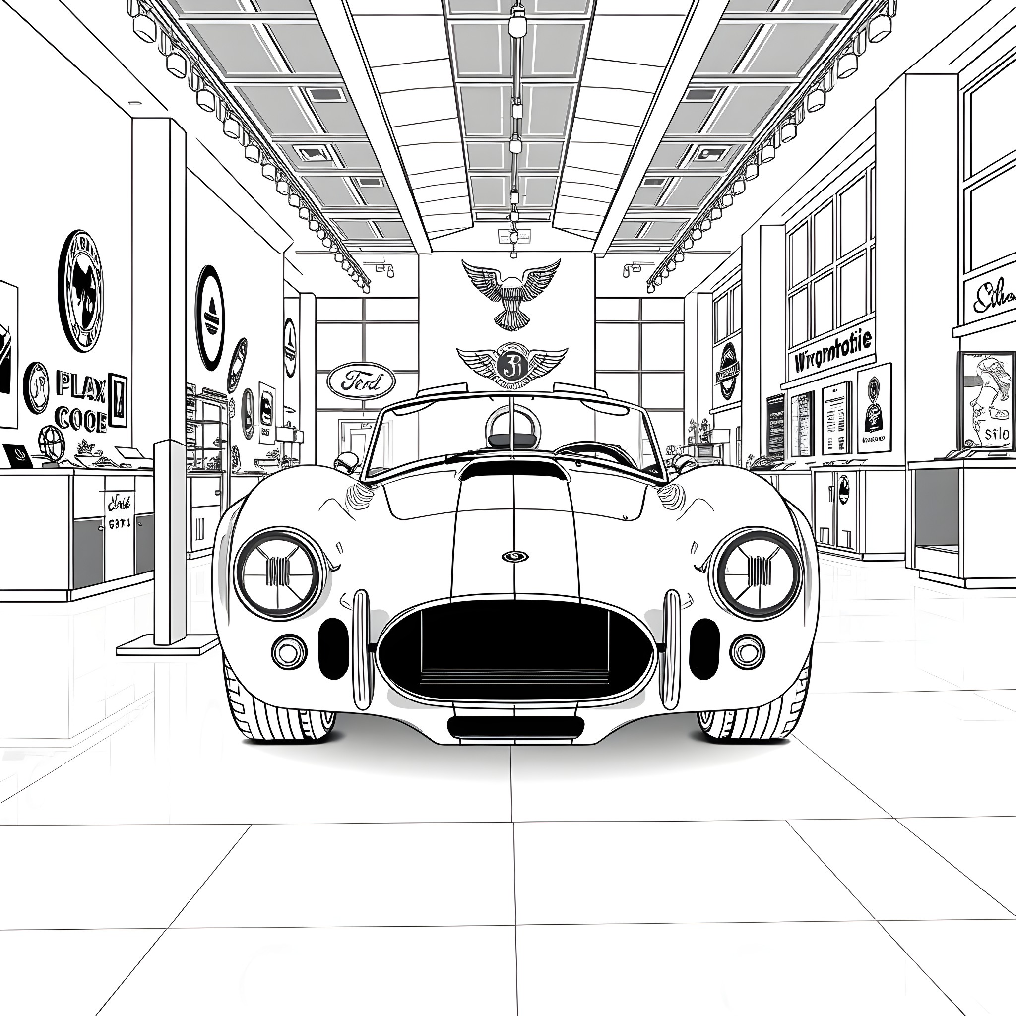 Cobra sports car on display in sleek showroom Coloring Page (free black-and-white line drawing printable PDF for all, from beginners to advanced learners, including children, teens, adults, and seniors)