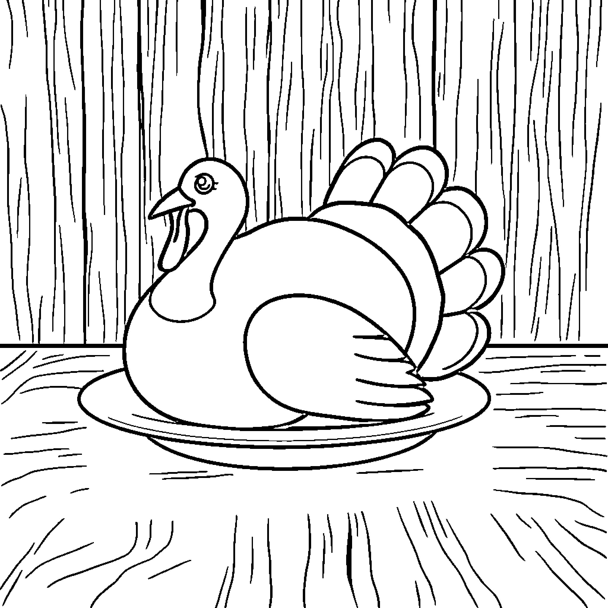 Turkey resting peacefully on a plate Coloring Page (free black-and-white line drawing printable PDF for all, from beginners to advanced learners, including children, teens, adults, and seniors)