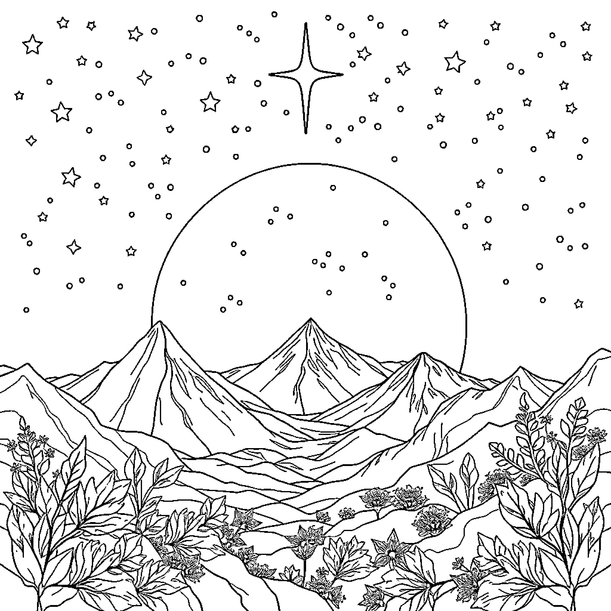 God's Starry Night Over Majestic Mountains Coloring Page (free black-and-white line drawing printable PDF for all, from beginners to advanced learners, including children, teens, adults, and seniors)