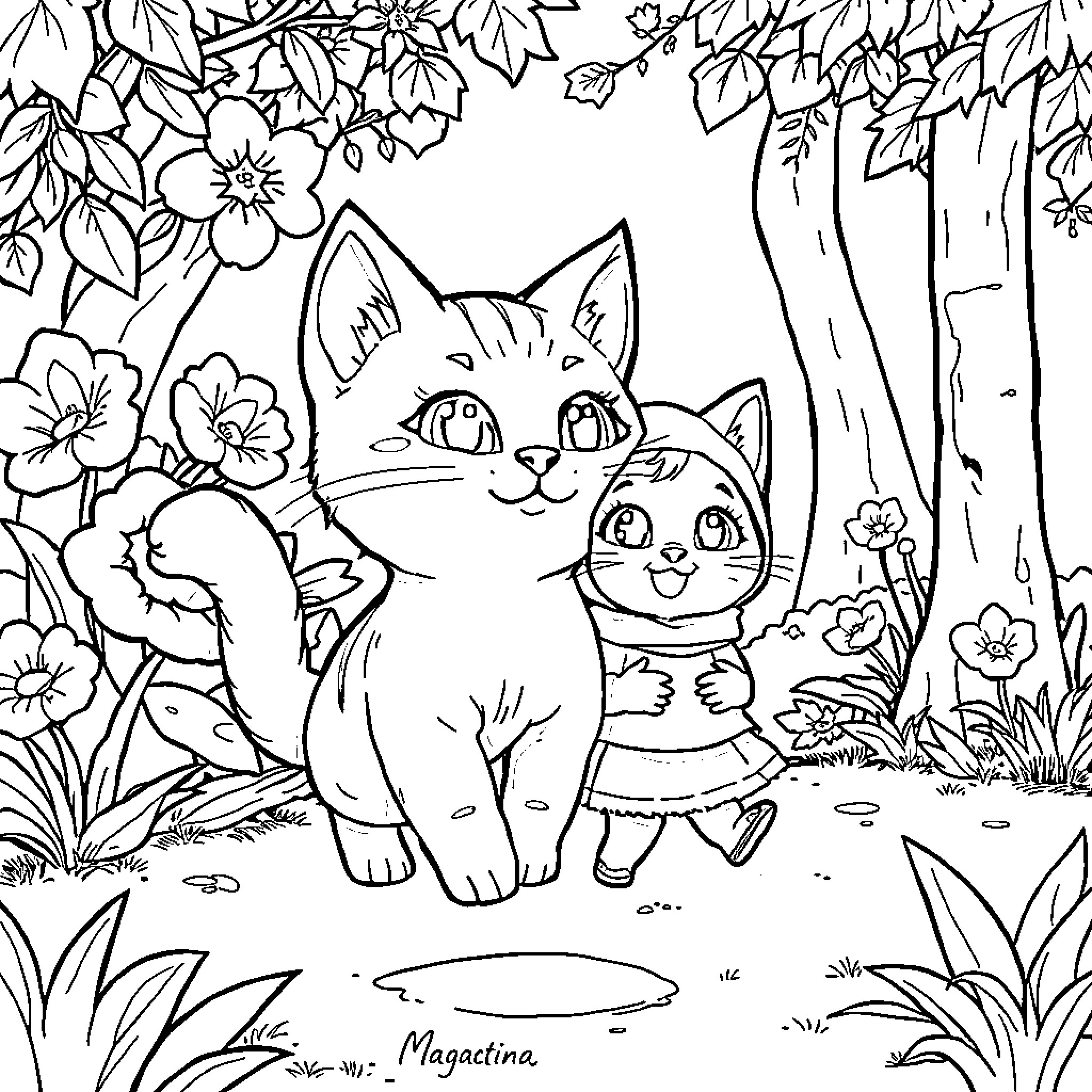 Cat and kitten explore the enchanting forest Coloring Page (free black-and-white line drawing printable PDF for all, from beginners to advanced learners, including children, teens, adults, and seniors)