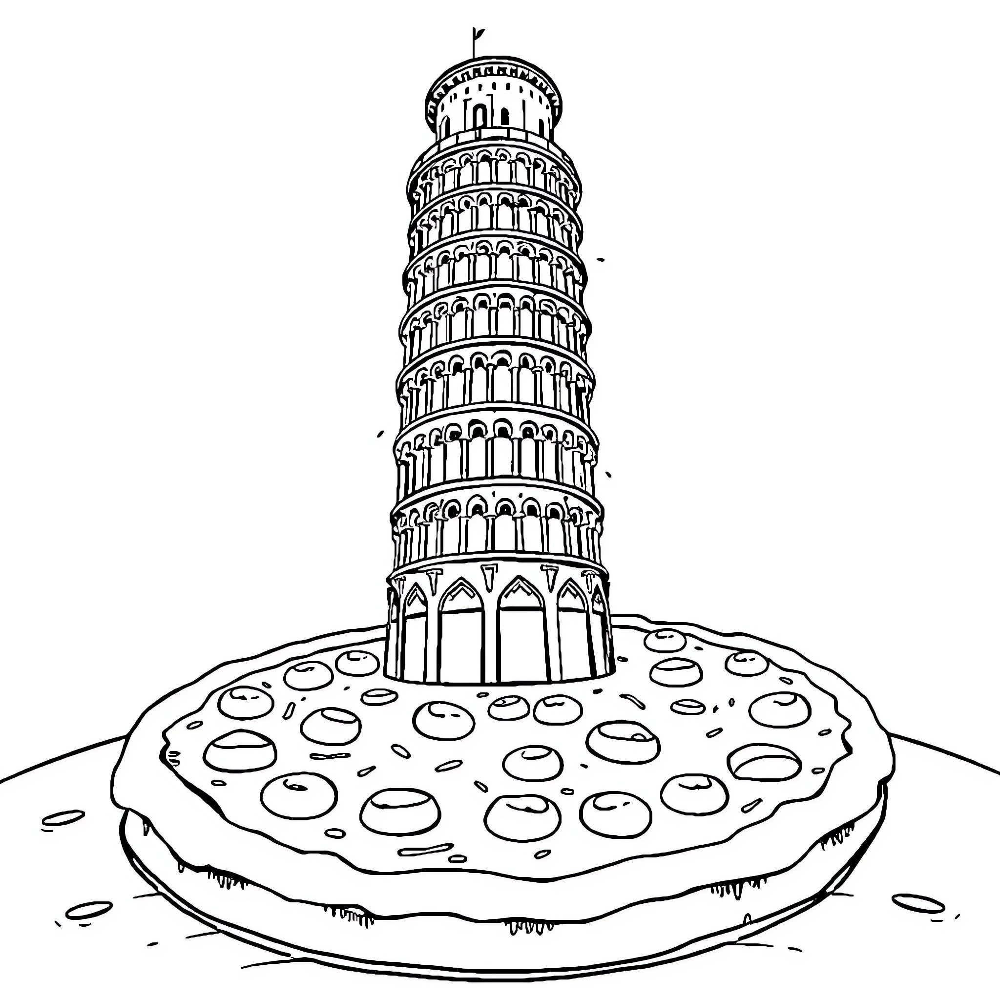 Tower of Pizza with Leaning Pisa Coloring Page (free black-and-white line drawing printable PDF for all, from beginners to advanced learners, including children, teens, adults, and seniors)