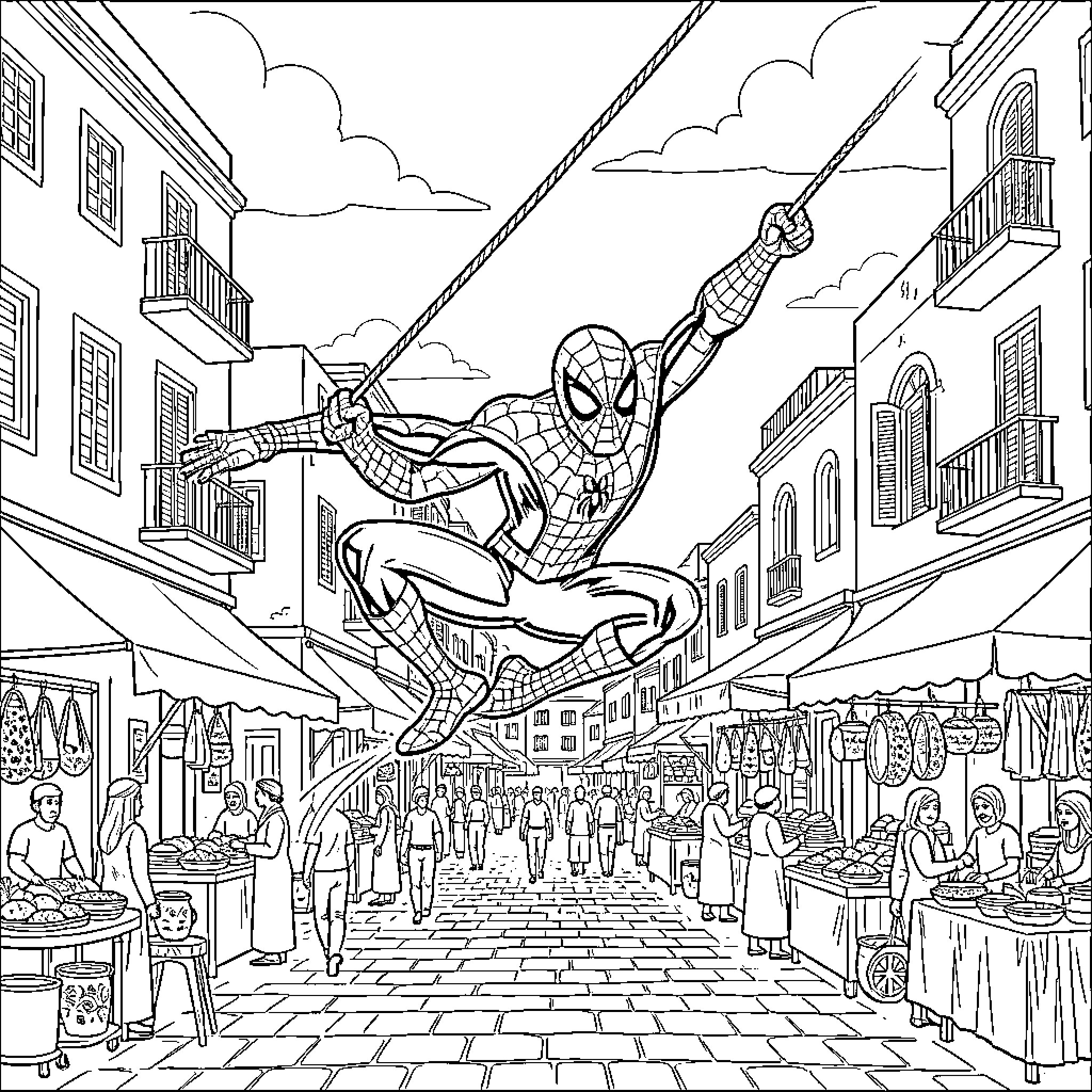 Spiderman swinging through a crowded city market street Coloring Page (free black-and-white line drawing printable PDF for all, from beginners to advanced learners, including children, teens, adults, and seniors)