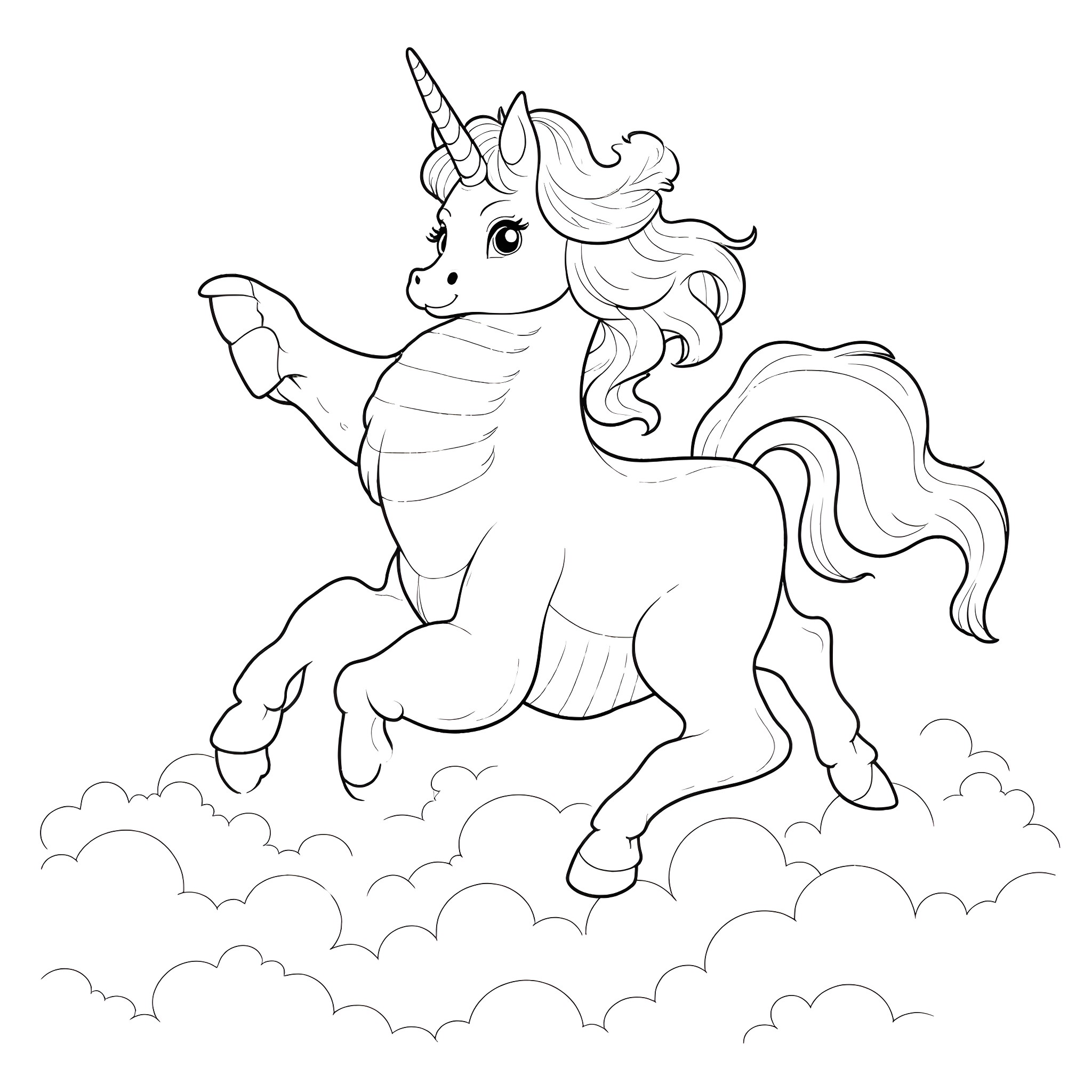Unicorn galloping through clouds Coloring Page (free black-and-white line drawing printable PDF for all, from beginners to advanced learners, including children, teens, adults, and seniors)