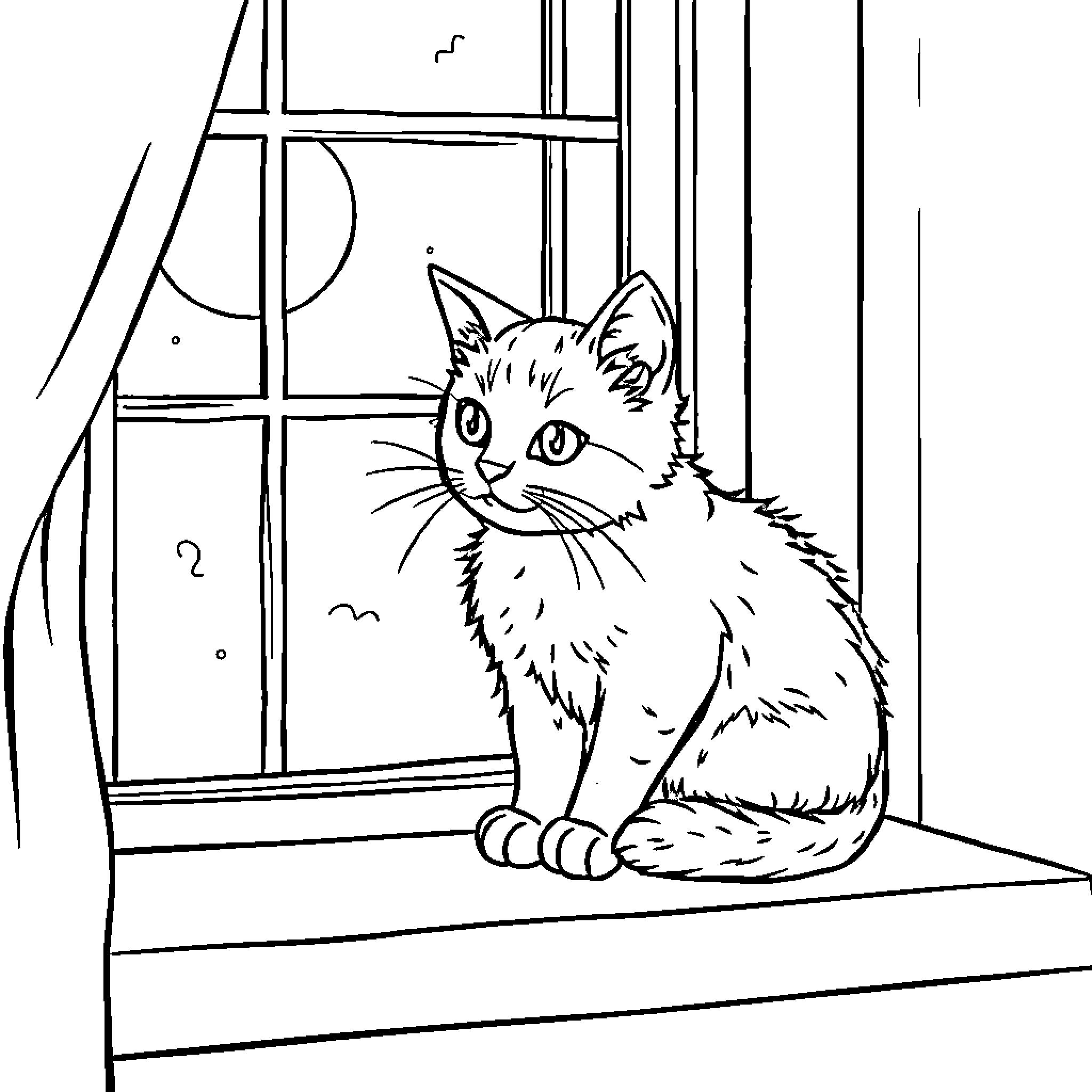 Cat sitting by the window Coloring Page (free black-and-white line drawing printable PDF for all, from beginners to advanced learners, including children, teens, adults, and seniors)