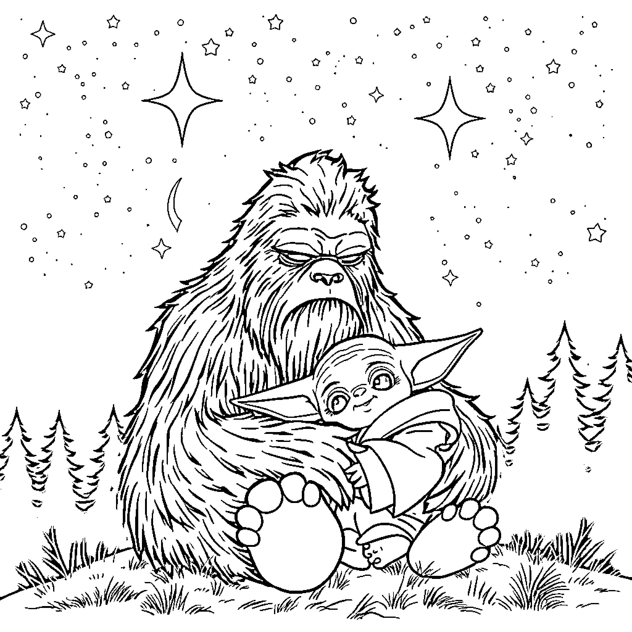 Baby Yoda's Nighttime Adventure with Chewbacca Coloring Page (free black-and-white line drawing printable PDF for all, from beginners to advanced learners, including children, teens, adults, and seniors)