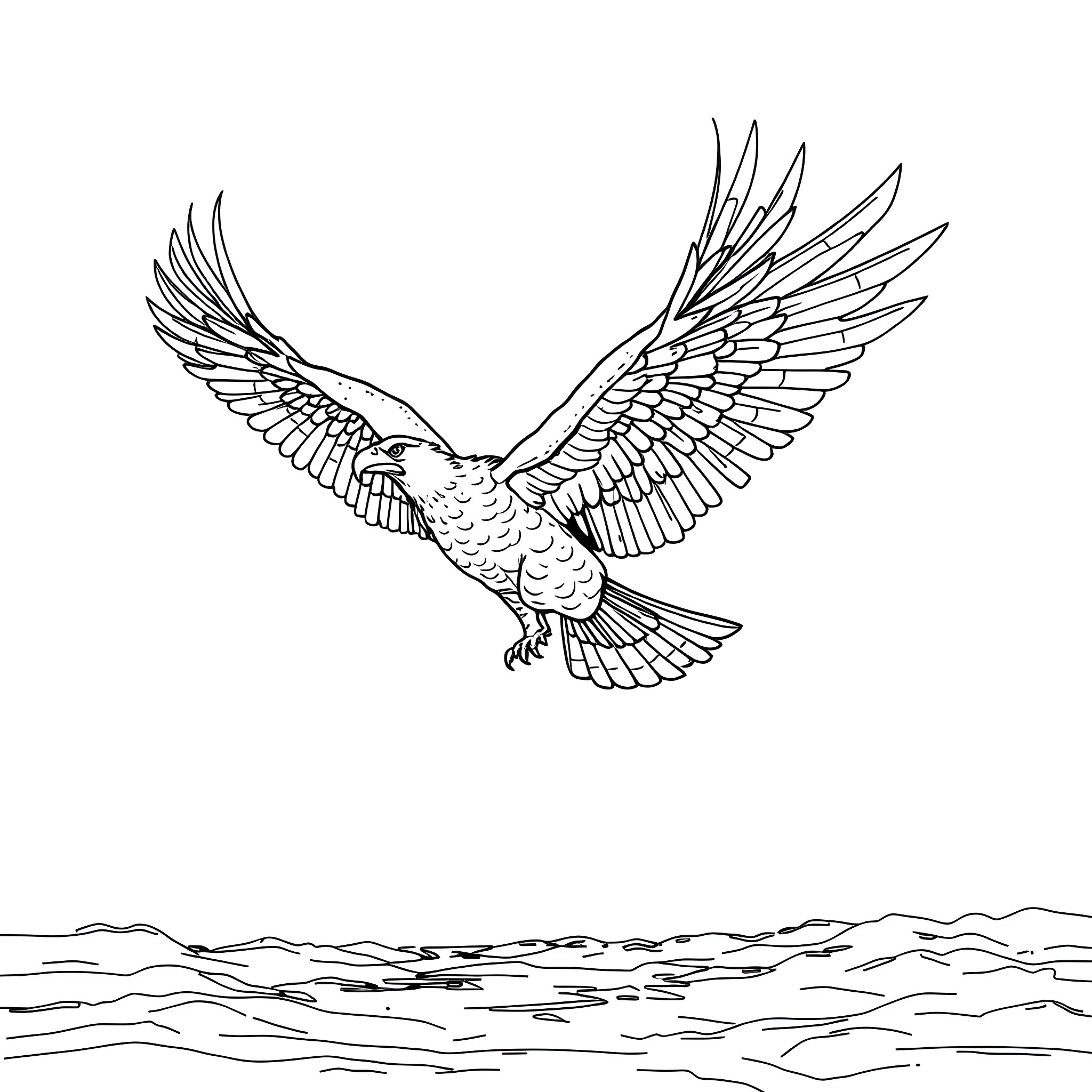 Eagle soaring over the ocean Coloring Page (free black-and-white line drawing printable PDF for all, from beginners to advanced learners, including children, teens, adults, and seniors)