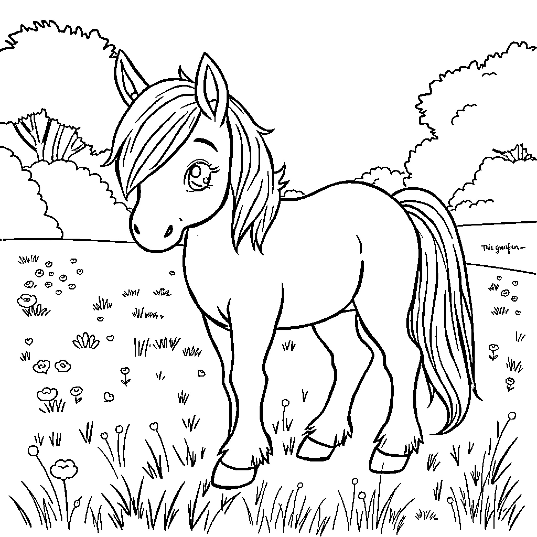 Pony exploring the countryside meadow Coloring Page (free black-and-white line drawing printable PDF for all, from beginners to advanced learners, including children, teens, adults, and seniors)