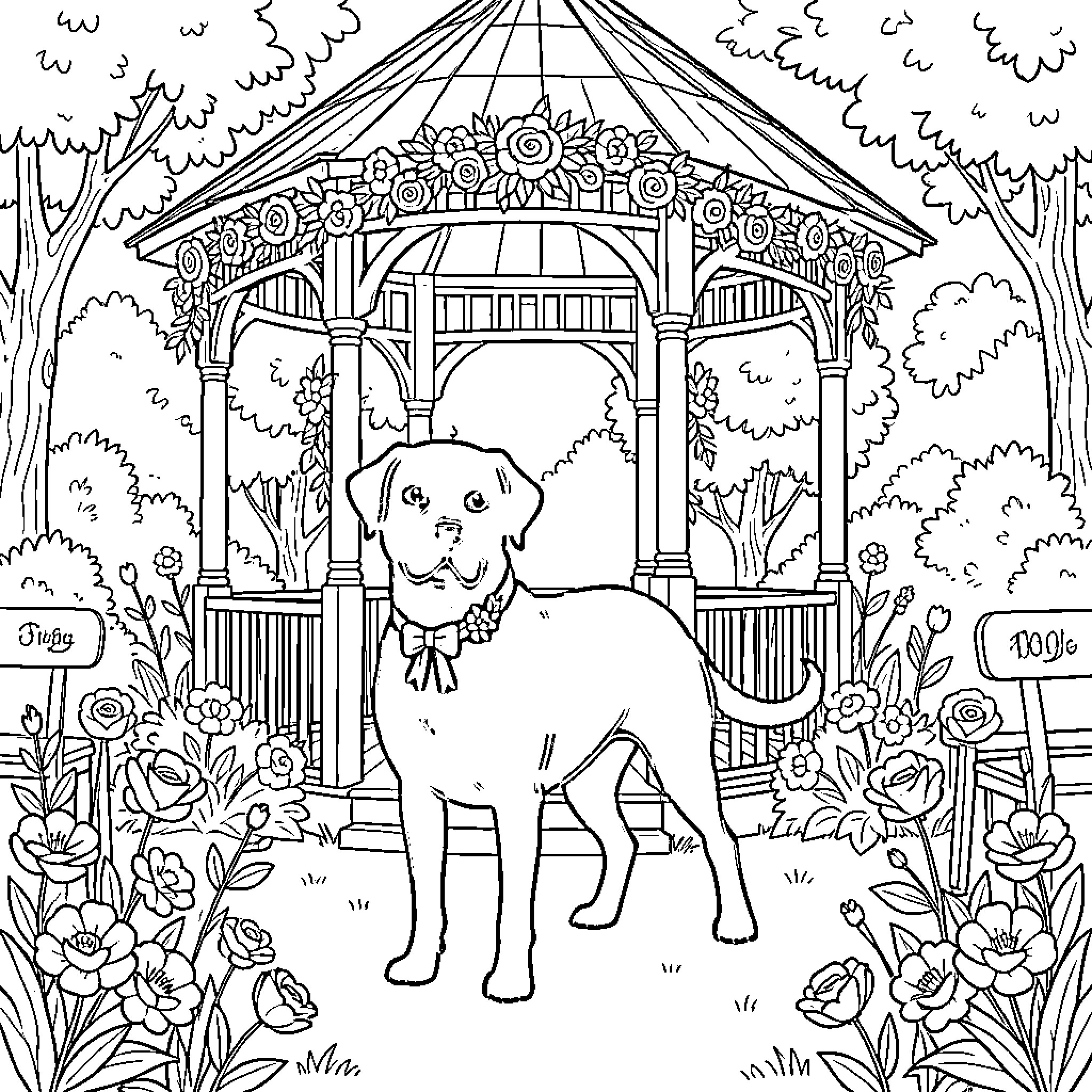 Dog wearing a bow tie in a floral garden Coloring Page (free black-and-white line drawing printable PDF for all, from beginners to advanced learners, including children, teens, adults, and seniors)