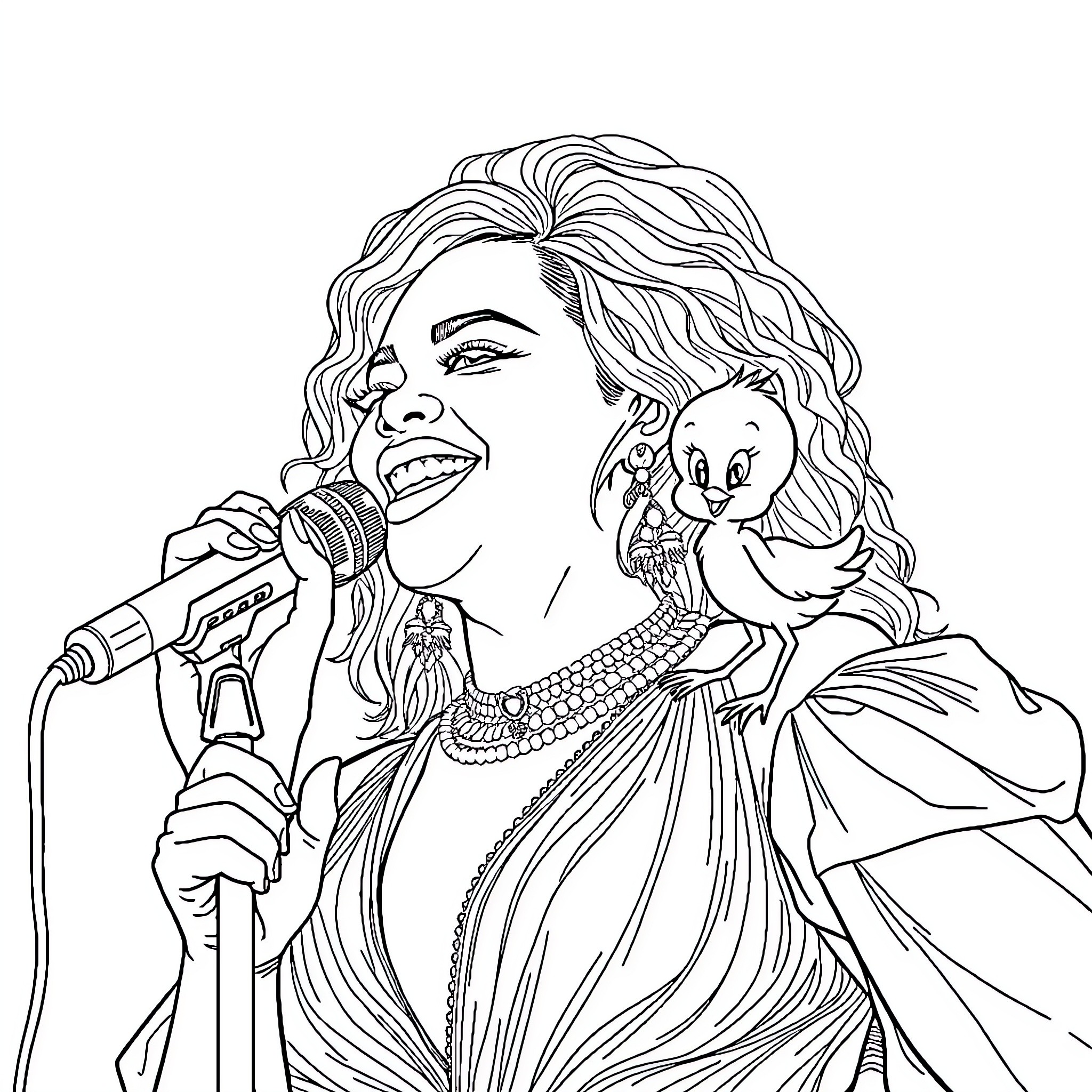Beyonce Performing on Stage with Animated Companion Coloring Page (free black-and-white line drawing printable PDF for all, from beginners to advanced learners, including children, teens, adults, and seniors)